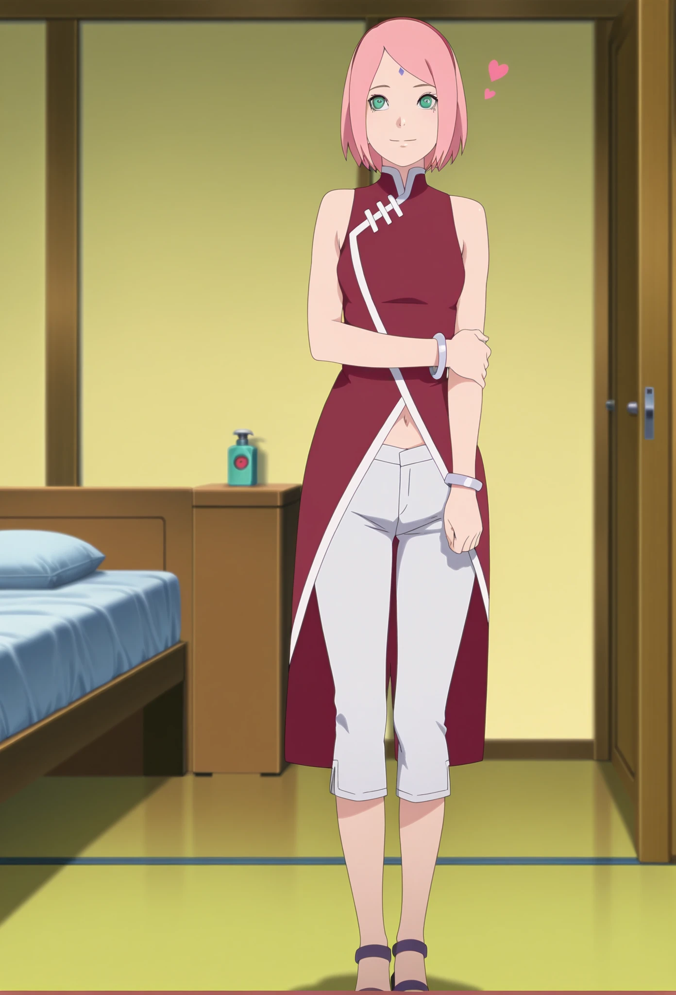 A girl with Madura zakura haruno hair lying on the bed, blushing, eyes closed, slender body, thin legs, full body shot, wearing sexy sleepwear, highly detailed, 8k, ultra-realistic, cinematic lighting, photorealistic, masterpiece