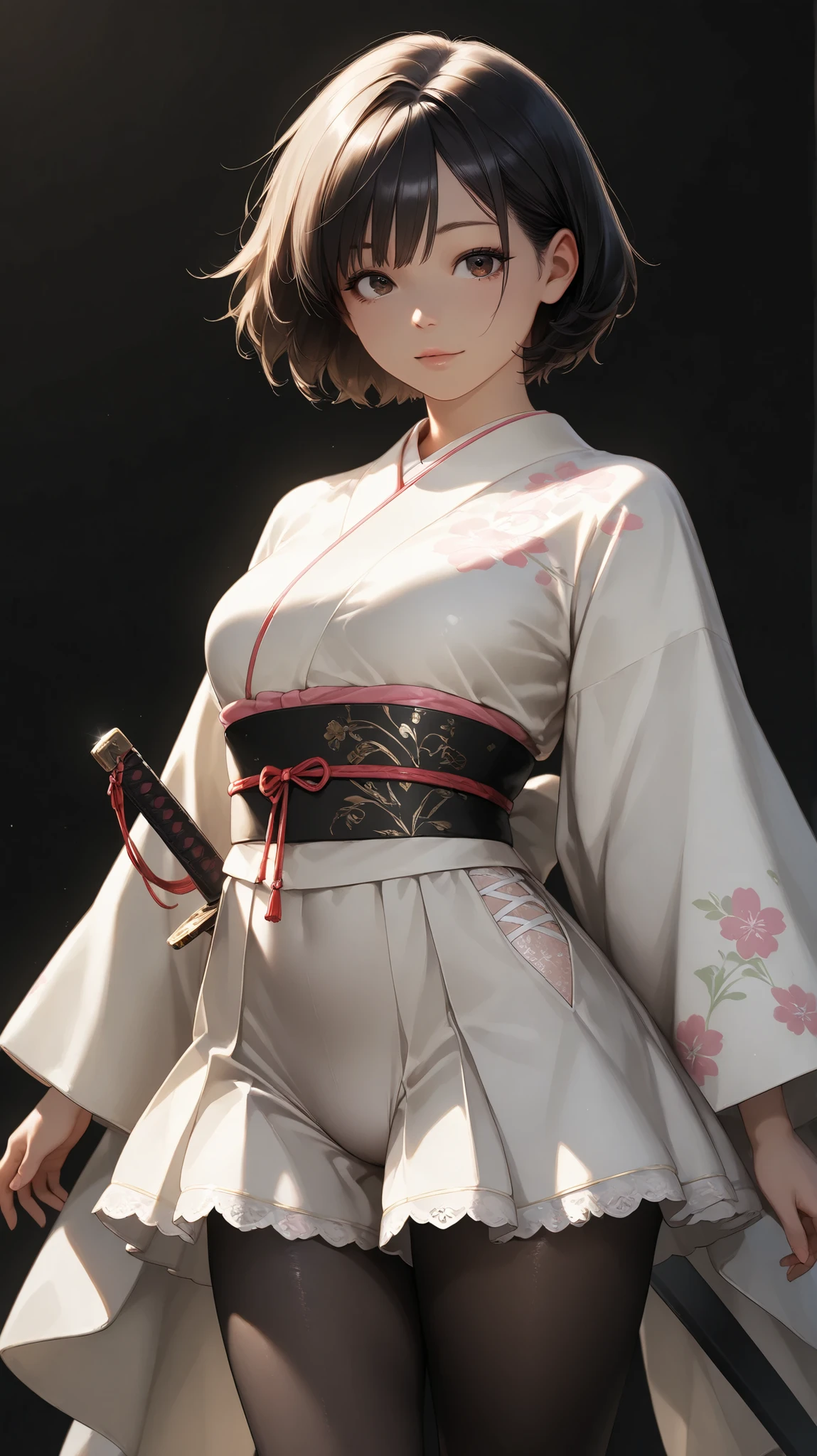 1 girl on break day, standing, girl, 22 years old ,a beautiful woman who ties her hair、 shortcut、black hair, detailed cute brown eyes, Curled eyelashes, beautiful eyes on my stomach, detailed eyes, beautiful face, masterpiece, Best Quality, great quality, very sophisticated, , newest, (realistic:1.2), Super Detail, Very Detailed、white floral leotard、black background、moving pose、 Japanese sword、big eyes、(柄の長い Japanese sword:1.2)、floral black pantyhose、lace fabric、dress、witch costume、culottes skirt、Japanese, kimono