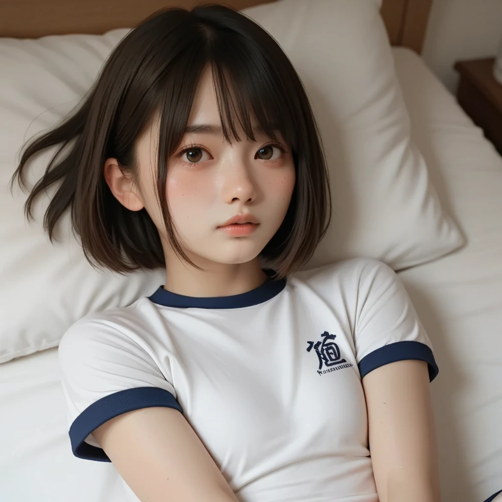 bob cut hair, gym uniform, blush, Japanese, bed