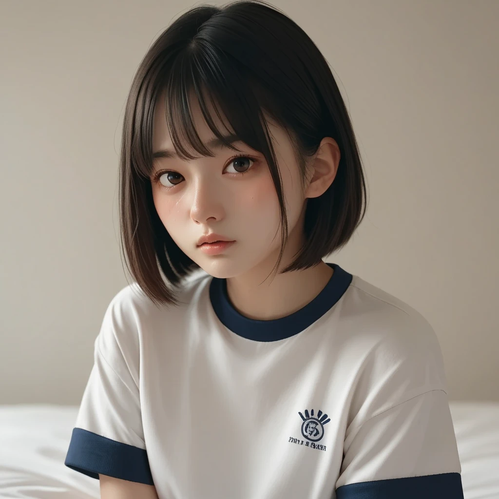 bob cut hair, gym uniform, blush, Japanese, bed