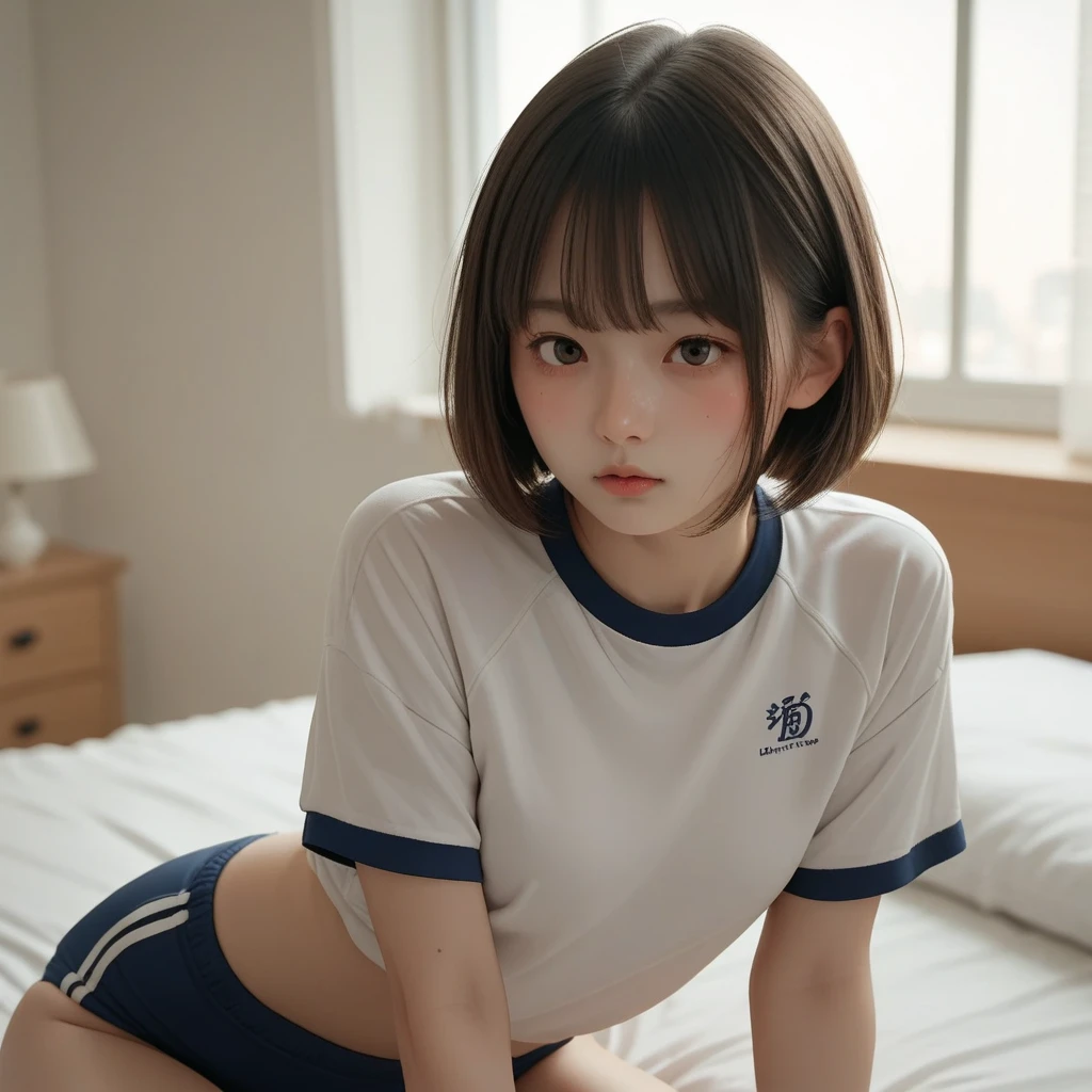 bob cut hair, gym uniform, blush, Japanese, bed