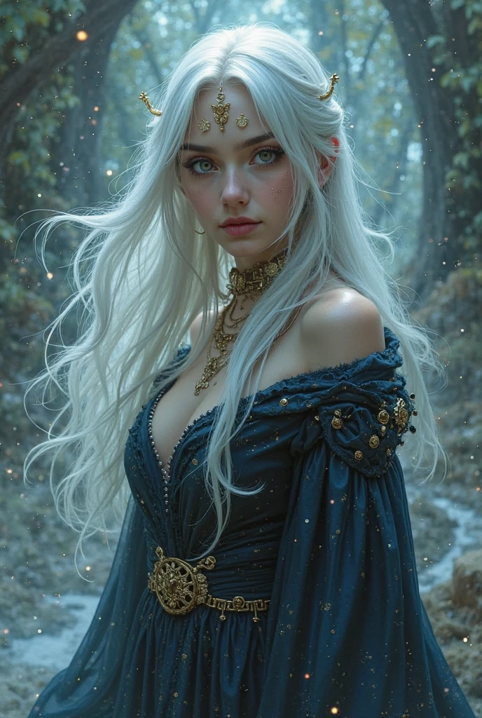 create a dark fantasy character, a woman with white braided hair and a blue dress, white skin color
