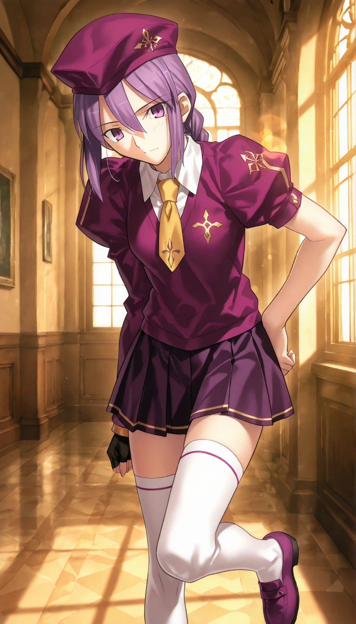 masterpiece, , absurdres, highres, detailed background, high resolution, masterpiece, necessary, detail, best quality, quality, necessary, details, High details, Precise, dark, indoors, (mansion), lens flare, blurry background, ,
1girl, Takeuchi Takashi (type-moon,tsukihime) style, takeuchi takashi style, (aged up), (standing on one leg), leaning forward,
girl, (slender body, slim arms, slim bod), (Sion) Eltnum (Atlasia) ,sion eltnam atlasia,(fate), purple hair , purple eyes, half-closed eyes, tsurime, hair between eyes ,long bang, medium hair , braided hair , braided ponytail , yellow ribbon , EltnumOutfit ,small breasts, light purple sweater ,Juliet sleeve sweater , collared undershirt , white undershirt , undershirt , yellow necktie ,(short sleeve), , dark purple skirt , miniskirt , gold trim , white thighhighs , single glove , fingerless glove , black glove , dark purple beret , ,((head tilt)), looking at viewer,(small breasts),