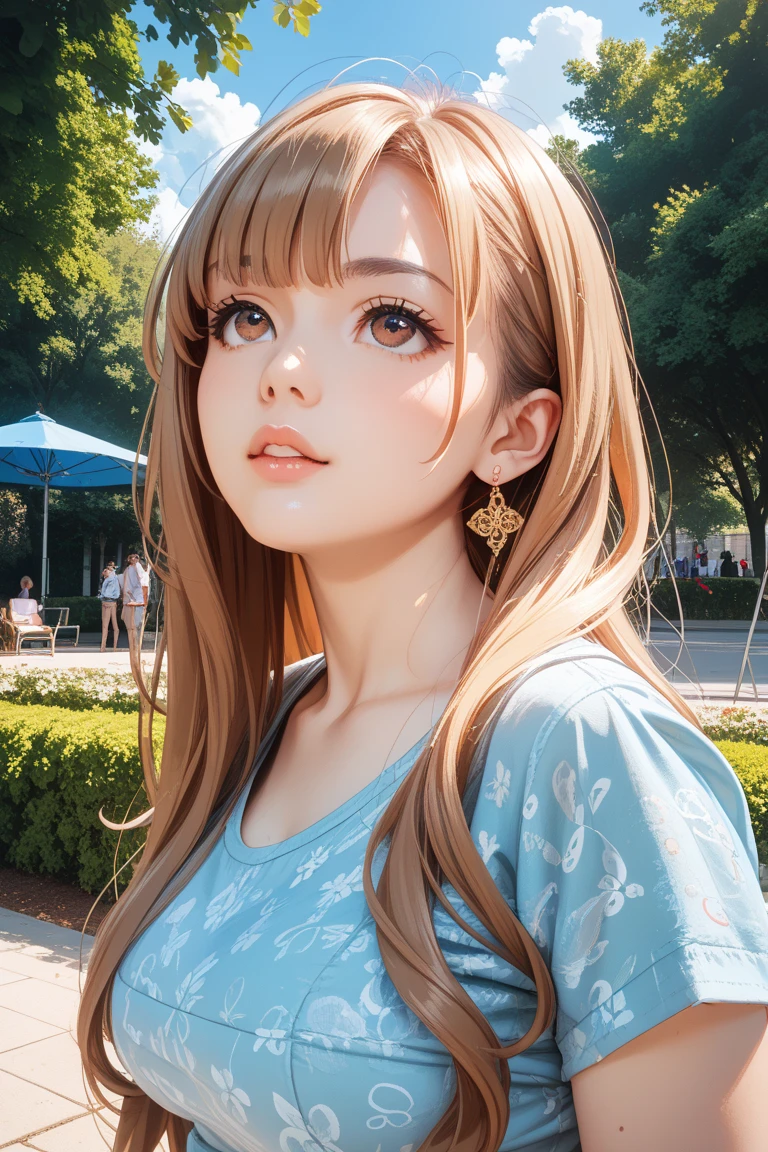 one woman、cute face、Also々new expression、Japanese、charming eyes、cream hair、french braid、18-year-old、camisole dress、blue jacket、outdoors、