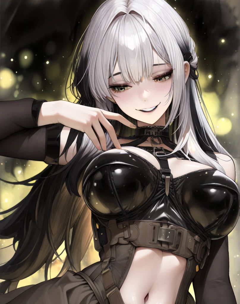 High resolution, masterpiece, accurate, Anatomically correct, Highest quality, Retina, ponytail, Silver Hair, Perm, skinny, E Cup, Medium, semi-long, Pants Style, Plain sleeveless, Belly button, Voluptuous, Big eyes, Round eyes, Soft Skin, High quality eyes, glamorous, smile, Realistic, Plump, Large Breasts, Biologically accurate, Soft breasts, valley, Show your ass, Exposing the chest, Low - Angle