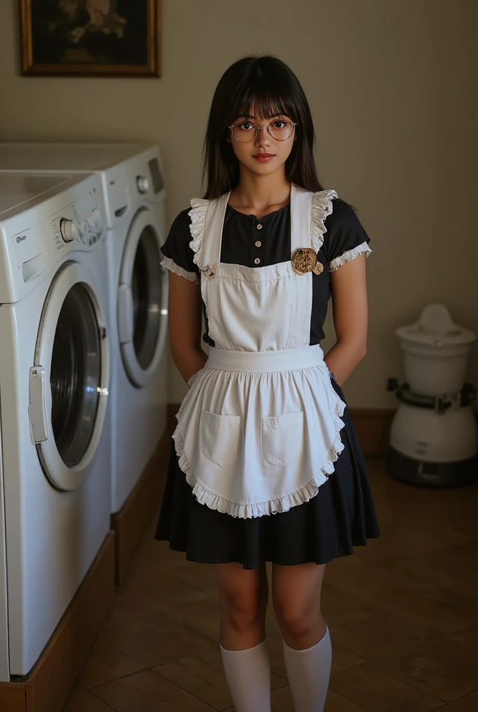 ((Highest Quality、masterpiece、high sensitivity、high definition、detailed depiction、delicate facial depiction、Ｆvalue：6.0),((Slender Woman、wearing glasses)),maid clothes、apron skirt、high socks、laundry、with a happy smile、