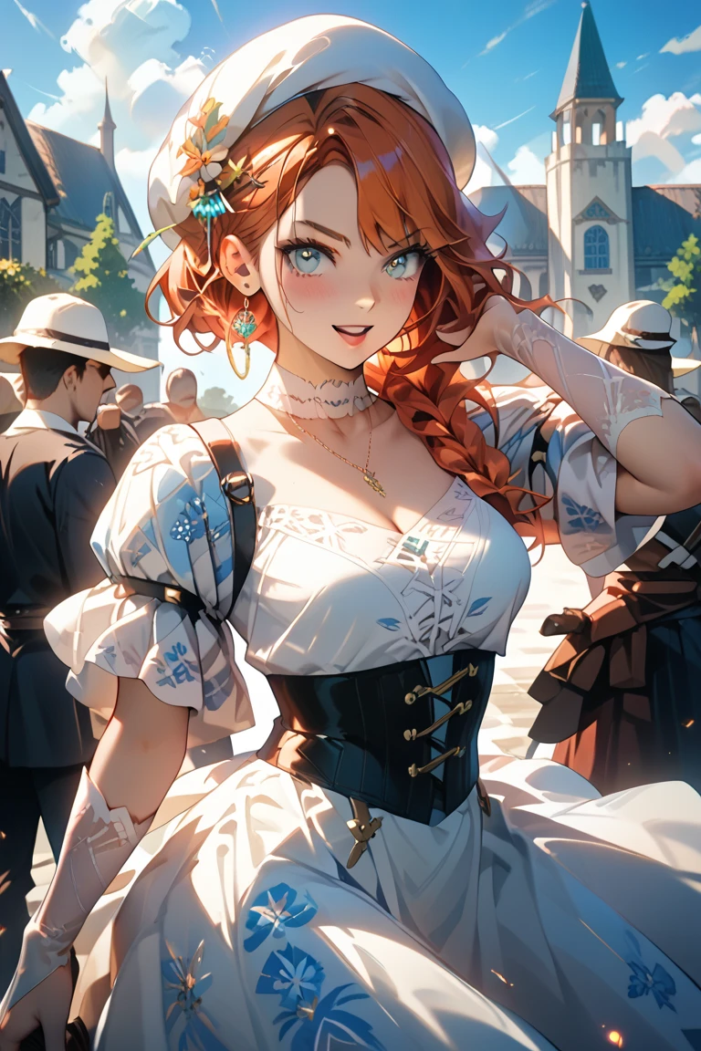 absurdres,nilou (neither flower nor mist) (genshin impact), aqua eyes, nilou (genshin impact), fake horns, 1girl, solo, red hair, veil, long hair, crop top, jewelry, horns, bracer, brooch, long sleeves, puffy long sleeves, skirt, bangs, twintails, water, puffy sleeves, sky, neck ring, flower, harem outfit, gold trim, parted bangs, circlet, outdoors, blue skirt, hair ornament, detached sleeves, low twintails, floating hair, gem, hair flower, blue gemstone, dancer, white headwear,stomach, midriff, cowboy shot, blue bow, very long hair
middle east architecture,desert,oasis,pyramid, desert city, town square, complete with a central fountain and colorful banners,sunray,sunshine,ray tracing,
(Realistic painting style:1.1), masterpiece, best quality, <lora:add_detail:1>, <lyco:GoodHands-beta2:1>,<lora:covered_nipples_v20:0.5>, <lora:nilou_1024:0.8>,
big breasts,beautify,sexy,abs:0.5,dynamic angle,standing or walking, view from back or side , far view point,seductive smile or :d,