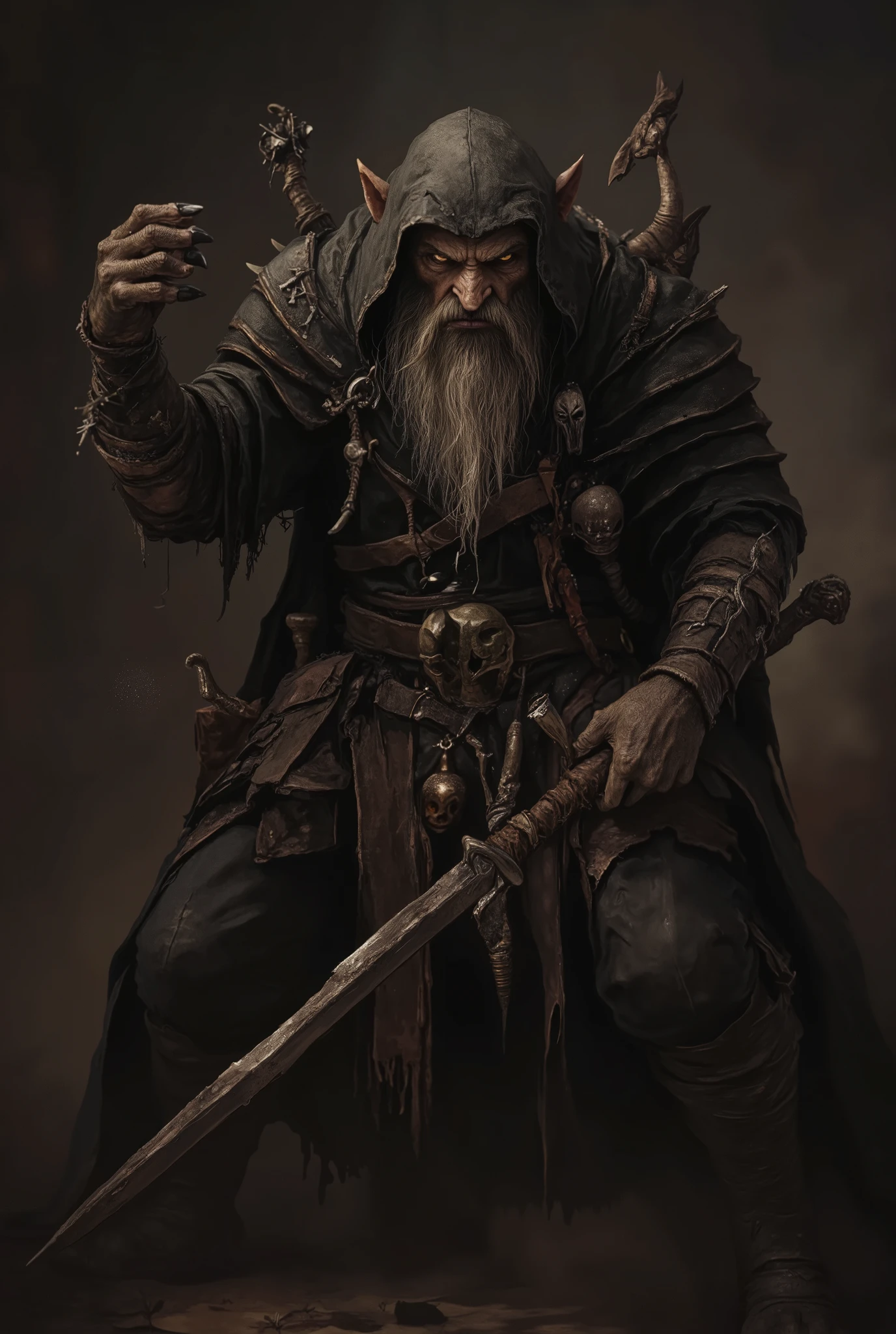 detailed portrait of a male thief with rugged and weathered facial features, cunning expression, thin and lithe posture, sneaking stealthily, wearing worn and tattered thief's clothing, anthr0dnd, Gul'dan, dark fantasy character, 8K, photorealistic, masterpiece, ultra-detailed, vivid colors, dramatic lighting, moody atmosphere, cinematic composition, simple dim background, ethereal elegance, intricate textures, seamless blend of realism and fantasy