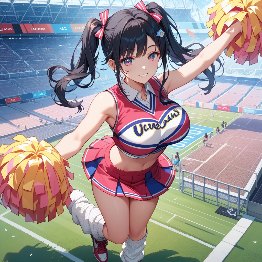 a woman wearing red and black cheerleader costume, long black hair, red eyes, smiling, on a sports field.