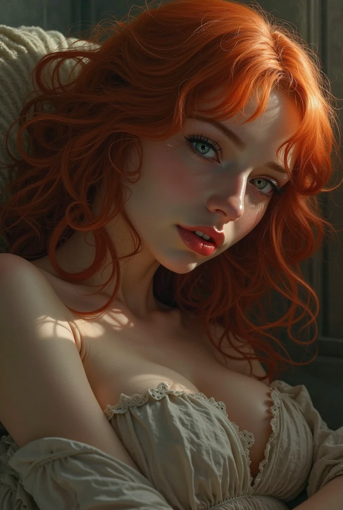 1woman , 23 years old, German girl, waist up portrait, art by Peach Momoko, digital art 8k, art by cameron gray, fantastic face, beautiful look, detailed hair, ultra focus, face illuminated, face detailed, 8k resolution, watercolor, razumov style. art by Razumov and Volegov, art by Carne Griffiths and Wadim Kashin rutkowski repin art station hyperrealism painting concept art of detailed character, 8k resolution blade runner, soft natural lighting, smooth soft skin, wearing peach over the shoulder dress, very huge breast, symmetrical, natural skin texture, soft lighting, showing her shoulders, detailed face, ginger long drill hair, bang, rosy pure skin, v-shaped slim face, rosy cheeks, cute bright smile showing her teeth, photorealism, soft pastel colors sparkling, cowboy shot, half-body shot, looking away, very sexy Mary
