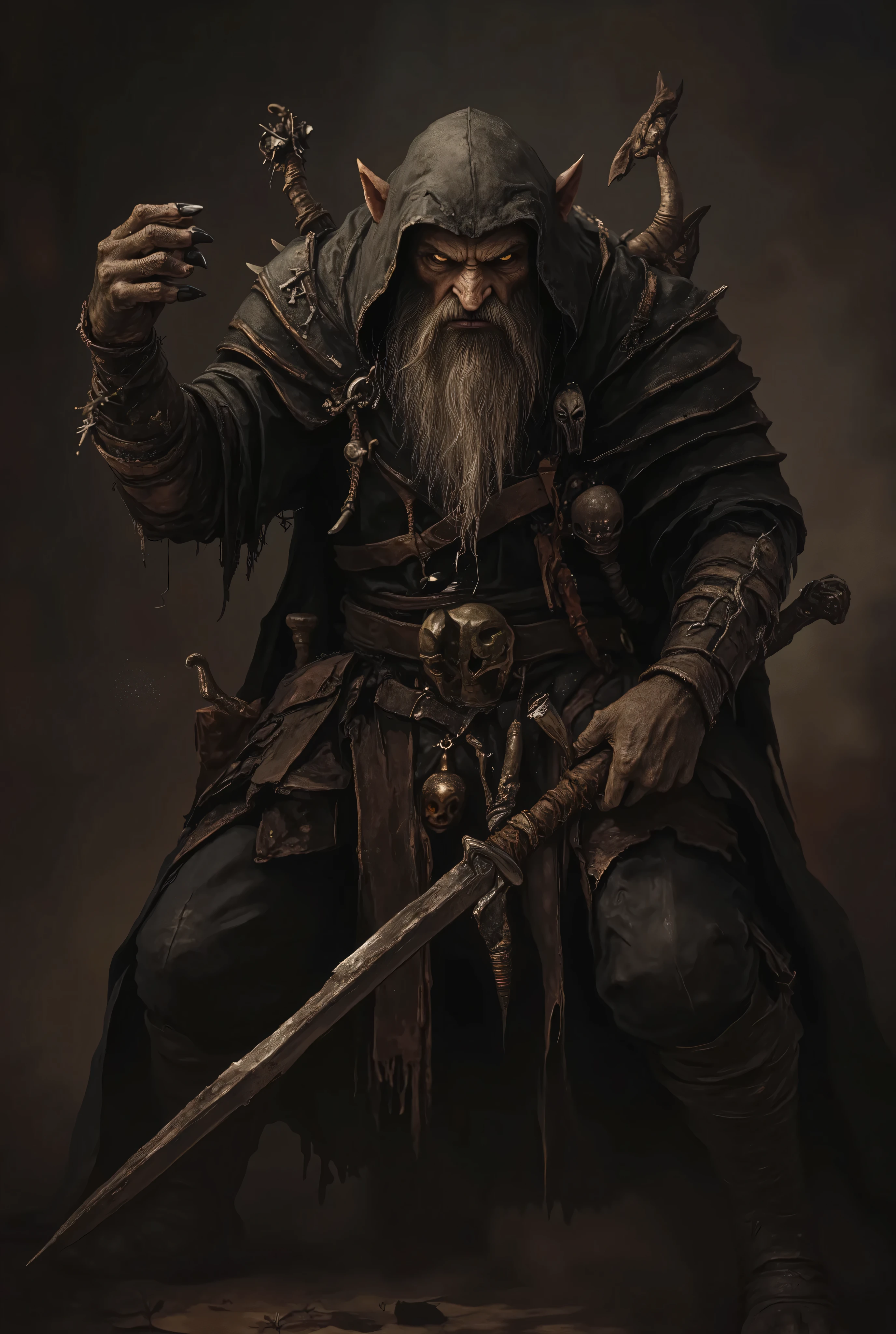 detailed portrait of a male thief with rugged and weathered facial features, cunning expression, thin and lithe posture, sneaking stealthily, wearing worn and tattered thief's clothing, anthr0dnd, Gul'dan, dark fantasy character, 8K, photorealistic, masterpiece, ultra-detailed, vivid colors, dramatic lighting, moody atmosphere, cinematic composition, simple dim background, ethereal elegance, intricate textures, seamless blend of realism and fantasy