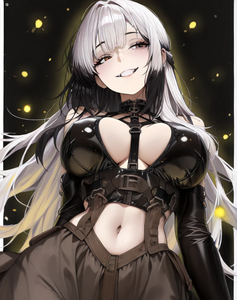 High resolution, masterpiece, accurate, Anatomically correct, Highest quality, Retina, ponytail, Silver Hair, Overlooking, Perm, skinny, E Cup, Medium, semi-long, Pants Style, Plain sleeveless, Belly button, Slightly fleshy, Big eyes, Round eyes, Soft Skin, High quality eyes, glamorous, smile, Realistic, Plump, Large Breasts