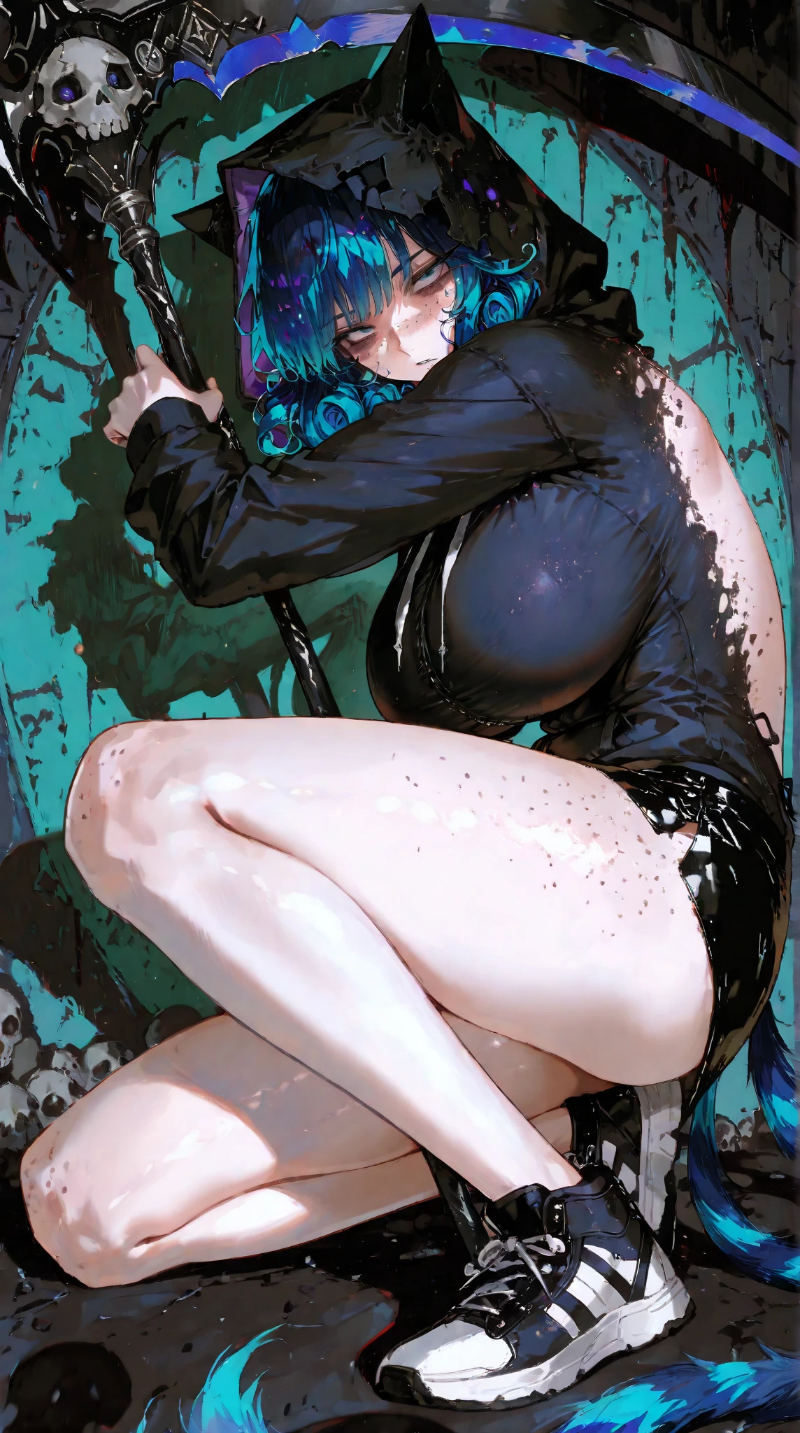 1 woman, looks like Tessa Winters, ((very small breasts: 1.3)), ((close-up, open legs, hand on her pussy)), (blue hair) (short wavy hair), ((nude, leaning on old leather sofa, legs open)), (view front, naked), (straining expression, eyes wide open, full lips, feel pain, spread legs:1.4), (masterpiece, best quality:1.2), photorealistic, HDR, 4K, 8K, 16K, perfect face symmetrical face, anatomically correct face, (chubby), (puffy nipples), symmetrical face, anatomically correct, ((large areolas)), (her pussy is super creamy), ((transparent smeared mucous only on her pussy)), (clean chest), floral wallpaper, ((saggy breasts)), (((clear vagina secretion)), (eyes closed), ((oh face, orgasm face)), (freckles), ((chubby)), (scowling, frown)