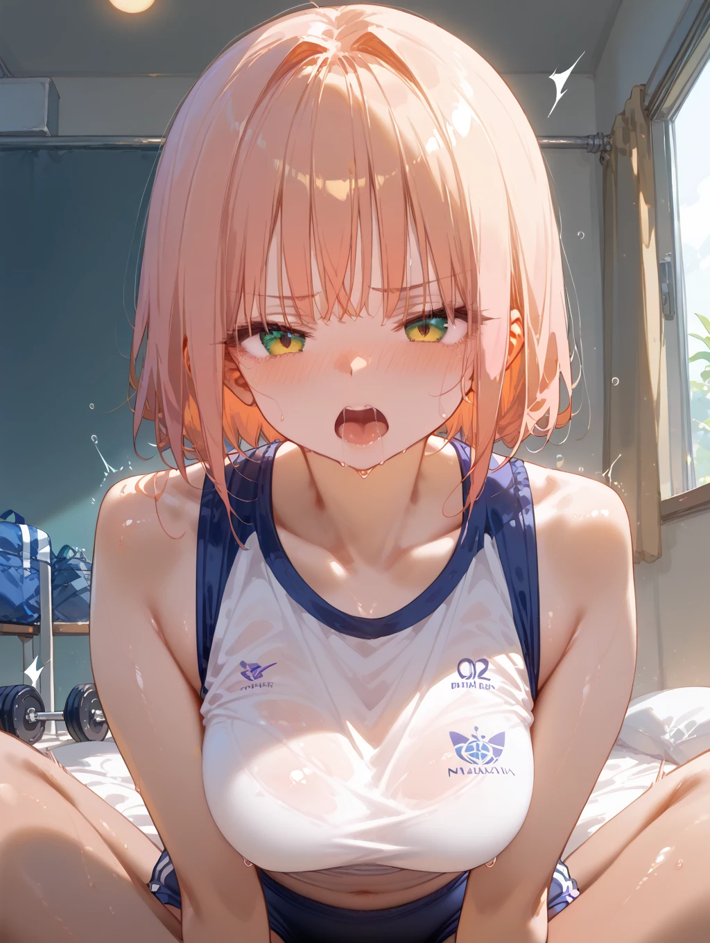 (((Browsing Caution, Close Up Facial , Front view , From below , Movie angle))) ,(On all fours), break 1girl, 20-year-old, (close your eyes),(((Embarrassing, Excited, Fascinating, In the heat, orgasm,Blushing,shortness of breath, Very humid,vapor、Man grabbing woman's breasts))) , break (((Bright pink and green hair))),(Semi-long hair tied in one piece、Add a light pink ribbon to the end.:1.3),(((Two-part bangs , middle part, Bangs parted in the middle, Side-swept bangs))), (amount:1.3), (Small breasts:1.0) ,((Sweaty skin, Dripping , girl trembling with Sexual climax, Cum in pussy, pubic hair)) ,Thin dots, feminine, Slightly muscular, Dynamic pose,((((vagina,Sex, A boy and his penis,Heterolo, Women in front and men in back , dorsal position, Cum in pussy, pubic hair)))), break, (((White - Solid - Short Sleeve - Safari Shirt ,Bottomless))), break, (((Midnight,On the bed))),(masterpiece), (Realistic), (Highest quality), (Super detailed), wonderful, ((A face with attention to detail)) , clavicle, High resolution , (Super detailed), Smooth, 16K, Vibrant colors,vagina,Sex,