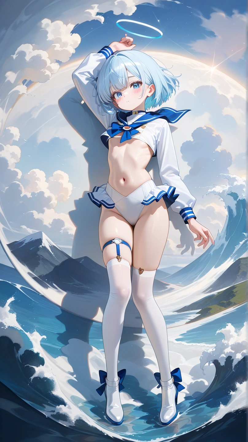 ass long sleeves, top-down bottom-up, ear piercing, arm tattoo, on stomach, capelet, sun hat, wet swimsuit, locker, contrapposto, toenail polish, blue sailor collar, <lora:EdobAss_v1.0:0.8>