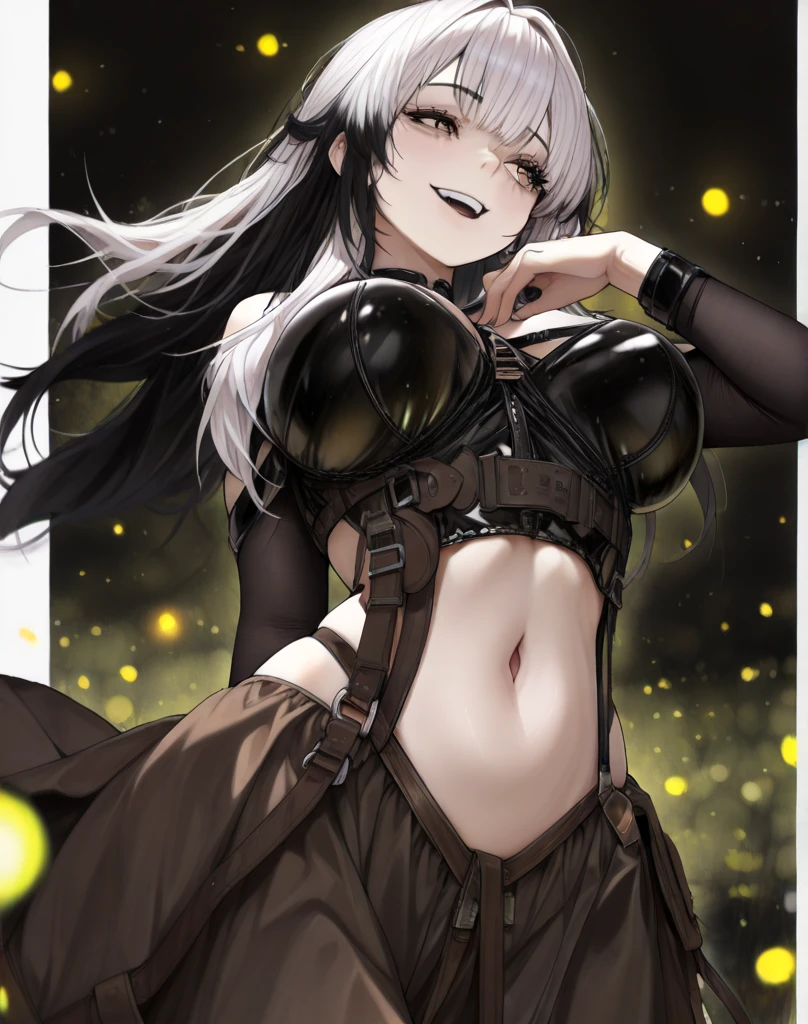 fly open, solo, Lapland (Arknights), smile, white hair, loose hair, long hair, golden eyes, standing, bruises, scars, scratches, large breasts, expression of pleasure, smile, one black thigh, boots, belt, crop top, shorts, scar through eye, hair clip, shadowed face, living room, nipples visible, dripping pussy