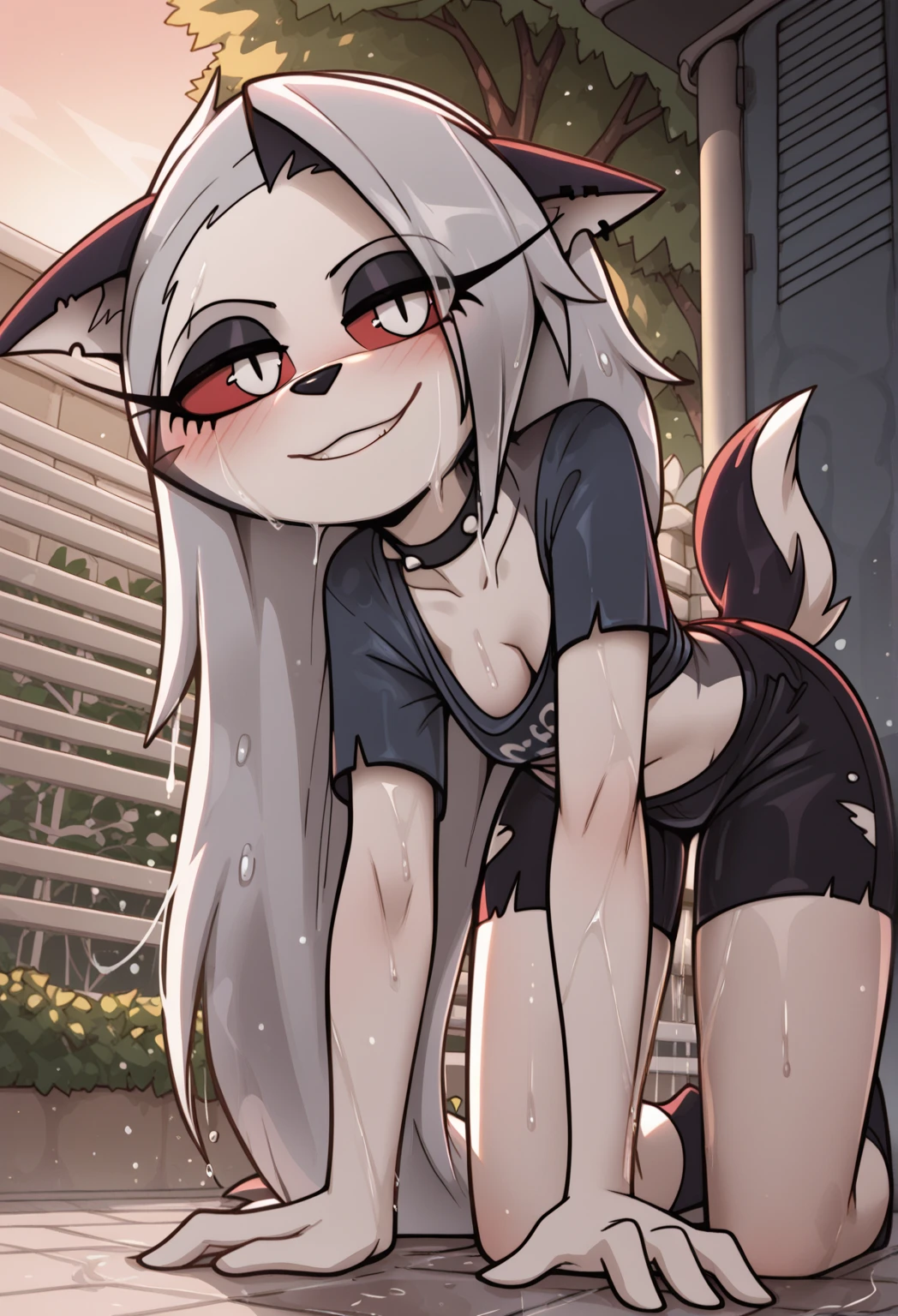 score_9,score_8_above,score_7_above, fountain_Cartoon, fountain_furry, Loona de Helluva Boss, Hellhound, long white hair, pink vest, white eyes, red sclera, brackets, covering her panties, wearing uniform, glasses, white panties, Pink Thigh High Socks, smiling, Linda pose, sitting on a pink beanbag chair, hands to his mouth, shy, shy,