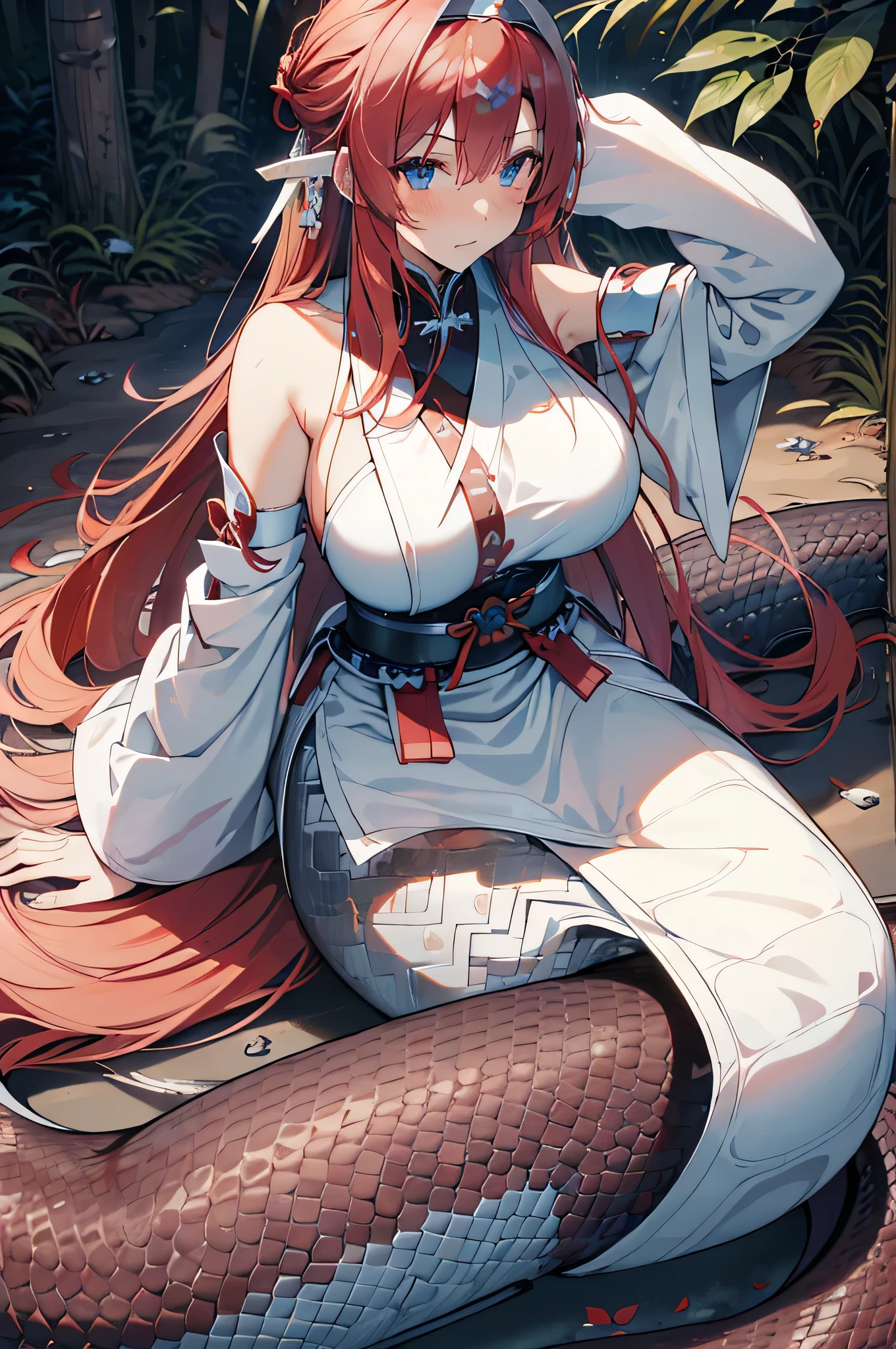 extremely detailed face，Hung on a tree，Wrapped in net，Bright red lips，White long hair，Kneeling on the ground，Calm expression，Malu，blush，Handcuffs，Collar，Fox ears，Glowing skin，Abandoned Town，Stone ground，trees