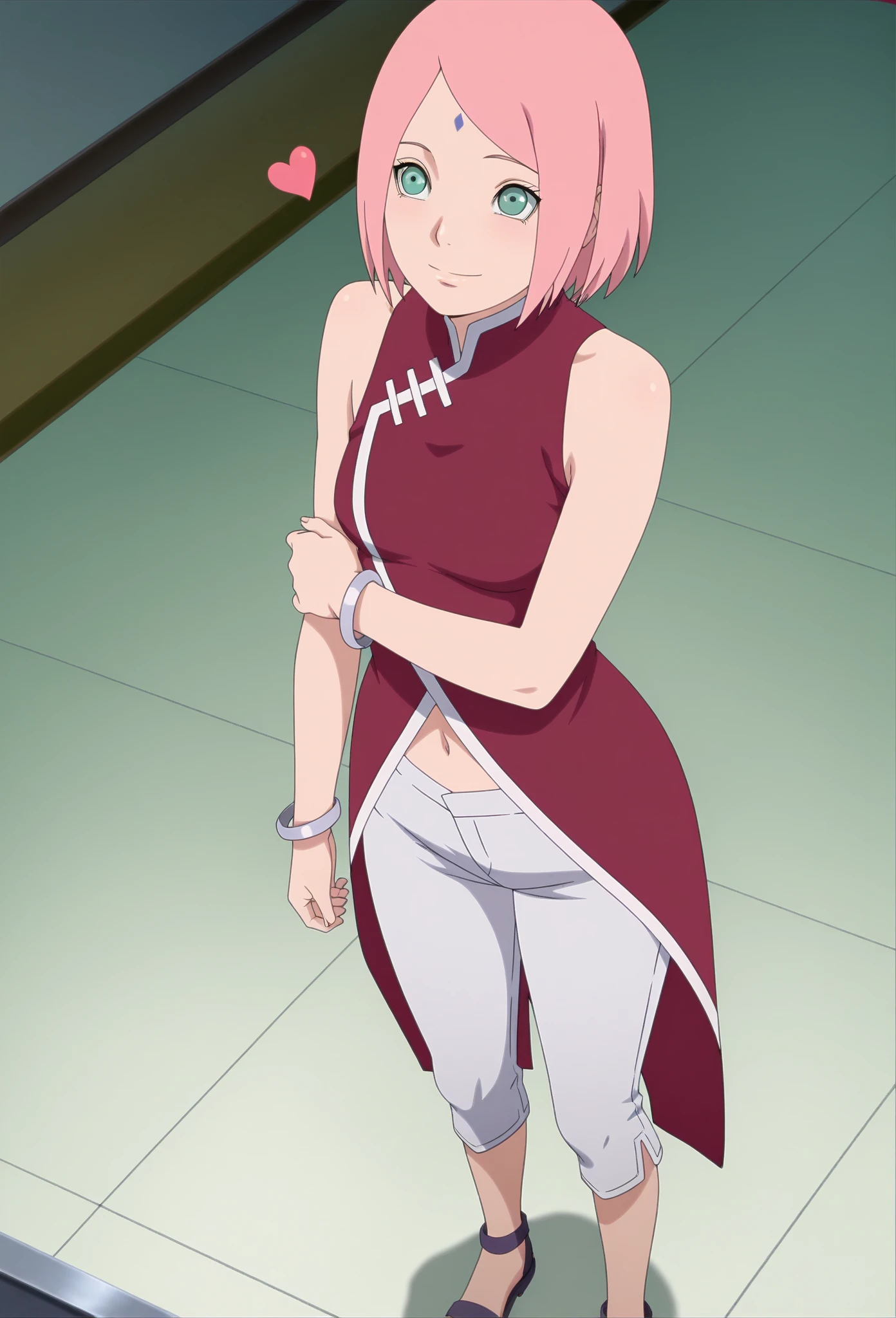 1girl, from below, haruno sakura, short hair, small breast, green eyes, small hips, small ass, masterpiece, best quality, red sleeveless dress, white pants, bracelets, forehead mark, red hairband, uchiha crest, detalied outfit, detalied body, red face, embarassed, outdor, hidden leaf, cameltoe