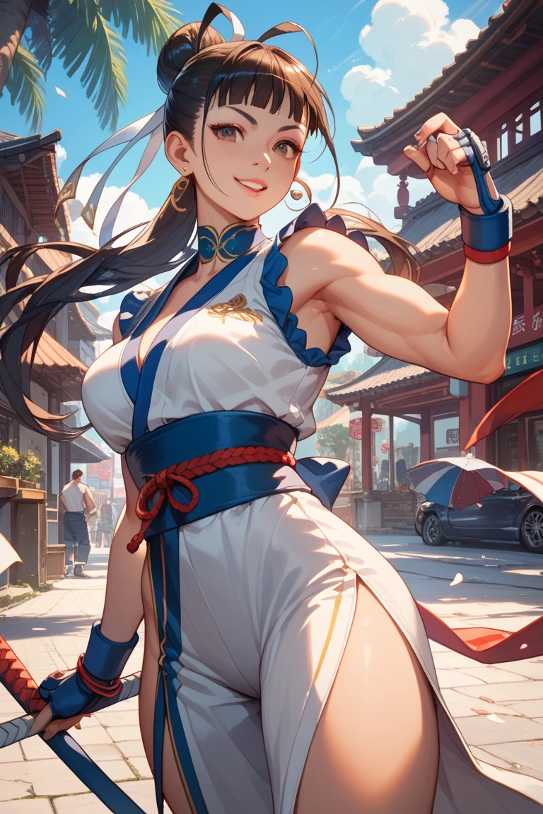 highres,1girl,Female Fighter,Around 20 years old, front,A little smile,Chinese martial artist,Pink practice clothes,Red is the key.,Long braided hair,Brown Hair,ponytail,Red ribbon,looking at viewer,smile,solo,