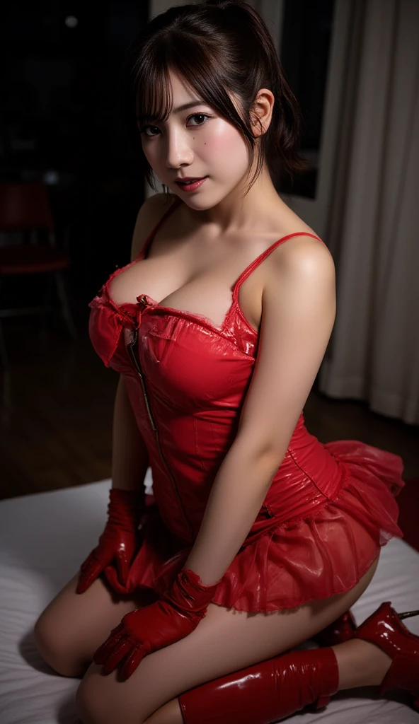 ((highest quality, 8k, masterpiece :1.3)), art, Porn books, whole body, Sharp focus :1.2, Looking at the camera, cute, Japanese , (Random Hairstyles:1.2), Big nipples, Put your chest together, Red choker、Sheer blue lace underwear、 Chain Earrings、Beautiful woman with perfect figure :1.4, Slim Abs :1.2, ((Brown Hair, Big Breasts :1.2)), Red body dress :1.1, (Daytime city view, Modern balcony :1.1), Highly detailed face and skin texture, Fine grain, double eyelid, first round、Exposed cleavage, garter belt、corset、(Black Pantyhose), (No pants、I have a zebra print pouch、Night Park、Sitting on a bench
