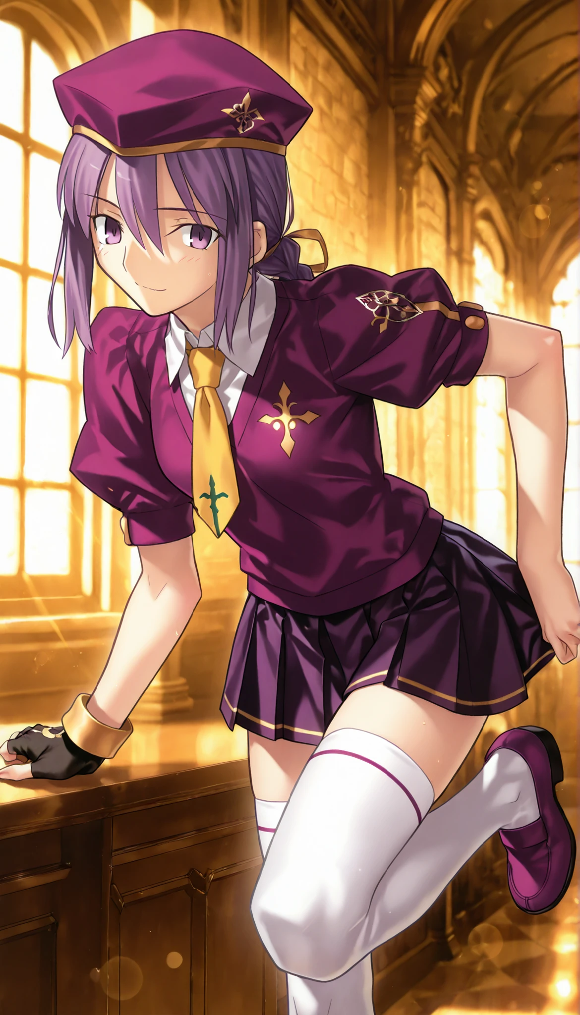 masterpiece, , absurdres, highres, detailed background, high resolution, masterpiece, necessary, detail, best quality, quality, necessary, details, High details, Precise, dark, indoors, (mansion), lens flare, blurry background, from side ,
1girl, Takeuchi Takashi (type-moon,tsukihime) style, takeuchi takashi style, (aged up), (standing on one leg), leaning forward,
girl, (slender body, slim arms, slim bod), (Sion) Eltnum (Atlasia) ,sion eltnam atlasia,(fate), purple hair , purple eyes, half-closed eyes, tsurime, hair between eyes ,long bang, medium hair , braided hair , braided ponytail , yellow ribbon , EltnumOutfit ,small breasts, light purple sweater ,Juliet sleeve sweater , collared undershirt , white undershirt , undershirt , yellow necktie ,(short sleeve), , dark purple skirt , miniskirt , gold trim , white thighhighs , single glove , fingerless glove , black glove , dark purple beret , ,((head tilt)), looking at viewer,(small breasts),