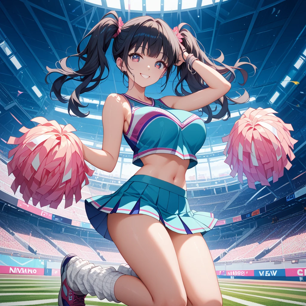 yuukikonno, yuuki konno, hair band, Long Hair, Pointed Ears, Purple Hair, (Red eyes:1.5), (Small breasts:1.2), Open your mouth wide,(Very delicate eyes), (cheer leading), (whole body),smile,blush,Lower, (Sweaty), Sweaty Wet Clothes, (Purple clothes), Pleated skirt,Black socks,sneakers,Belly-baring support, playground, (Jump), (Jump), 足を曲げてJumpする, air, blue sky, Grass原, smile,Cheerleader, Pom-pom \(cheer leading\), Grass, smile,
break looking at viewer, whole body,(Cowboy Shot:1. 5) ,
break outdoors, Stadium,crowd, people々々,
break (masterpiece:1.2), Highest quality, High resolution, unity 8k wallpaper, (figure:0.8), (Beautiful attention to detail:1.6), Highly detailed face, Perfect lighting, Highly detailed CG, (Perfect hands, Perfect Anatomy),