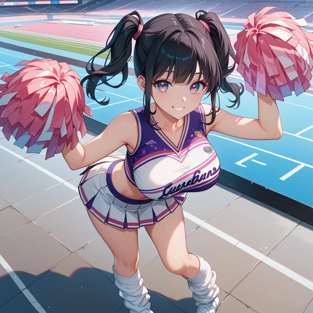 (high quality1.4), nsfw, 1girl, hachikuji mayoi, \(series\), black, hair, brown eyes, tongue, short stature, small breasts, erectile nipples, (shining pink cheerleader), (pleated skirt), 1boy, hetero, sex from back, ((very bright stadium:1.4)), (masterpiece, best quality, 8k),
