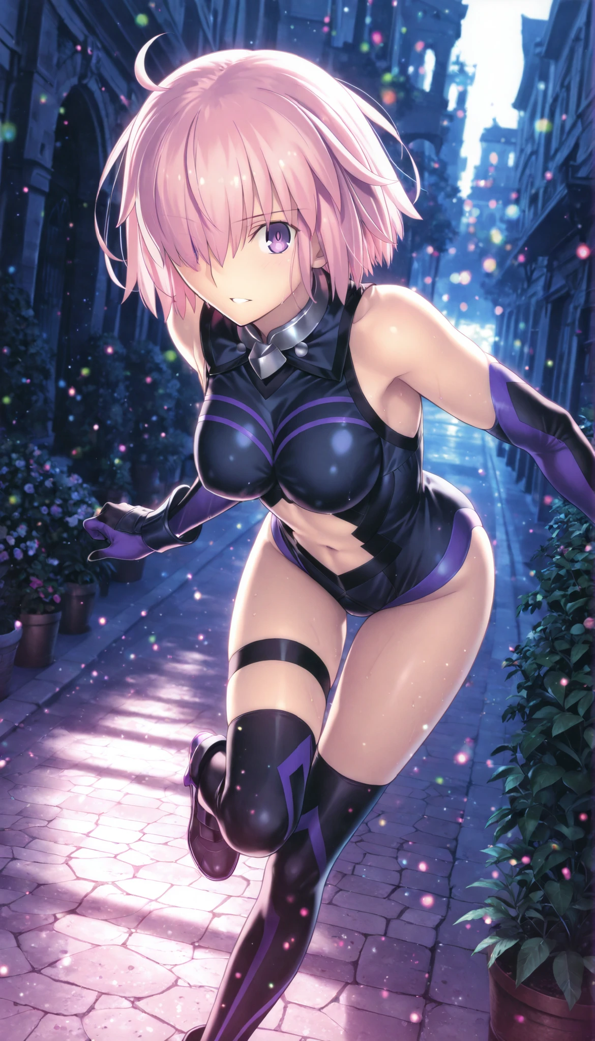 masterpiece, , absurdres, highres, detailed background, high resolution, masterpiece, necessary, detail, best quality, quality, necessary, details, High details, Precise, dark, outdoors, (colorful light particles, powder light, ), day lens flare, blurry background, ,
girl, detailed, mash kyrielight , Takeuchi Takashi (type-moon,fate) style, takeuchi takashi style, standing on one leg, leaning forward,
girl, mature, 1girl, mash kyrielight,(fgo), bob cut hair, purple eyes, pink hair, hair over one eye,
gloves, bare shoulders, elbow gloves, black leotard, black clothes ,black thighshigh, looking at viewer, medium breast, ,