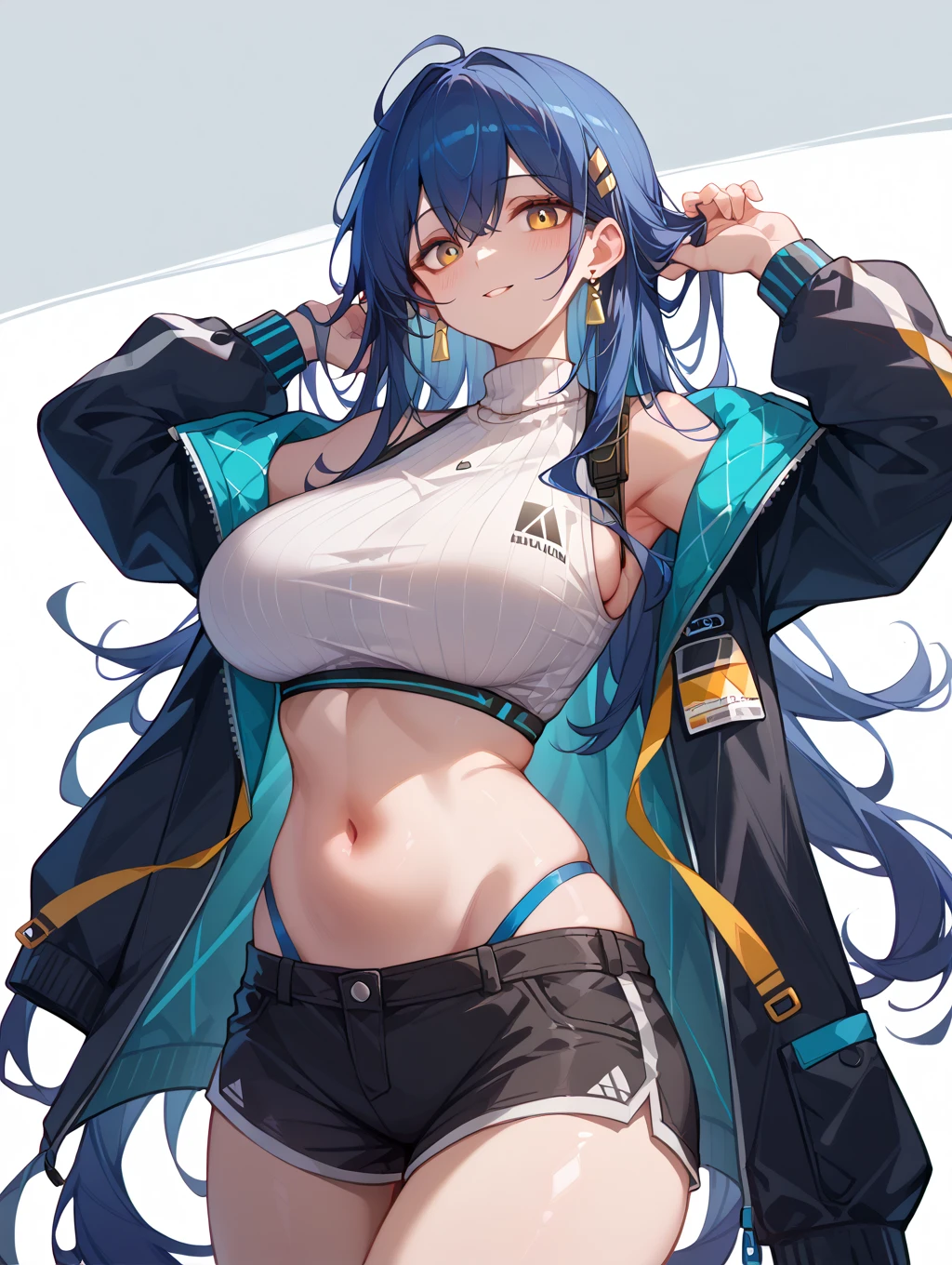 White and black bikini, number, woman in running shorts, 1girl, breasts, blue eyes, solo, animal ears, navel, V, big breasts, eyewear on head, ponytail, gray hair, jacket