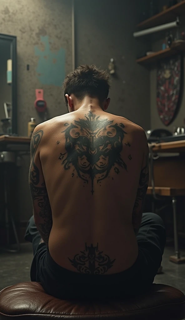 straight man sitting with his back to the camera, on his back various tattoos and symbols,