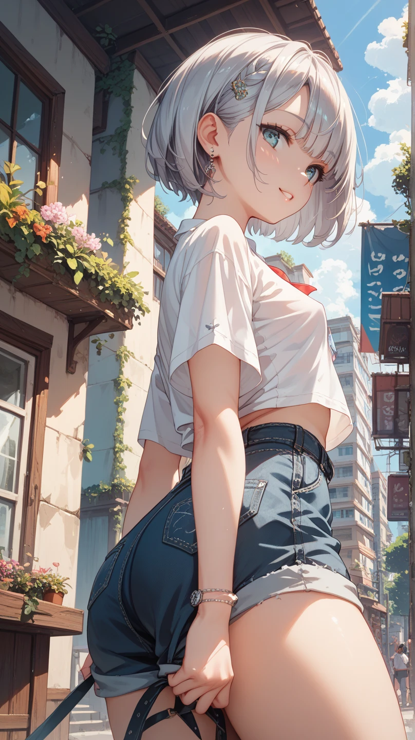 young girl, short gray hair, red-eyes, white tanktop, Upskirt, ssmile, backpack, stocklings, Masterpiece, hiquality