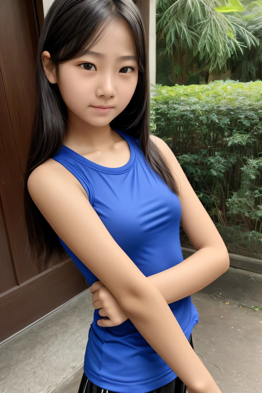 best quality,1girl,((big breasts:1.3)),((((loli,10 years old,little girl:1.3)))),smile,black hair,long hair,((white tank top,Dolphin Shorts,black thighhighs:1.1)),walking