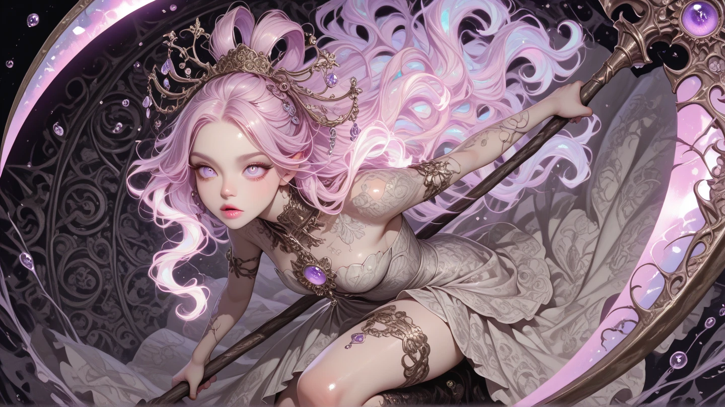 Queen with an extraordinary temperament,Under the starlight of the Milky Way stands the Crystal Castle,She has fair skin and an attractive body,Wear sexy clothing,Showcases a strong realistic style。