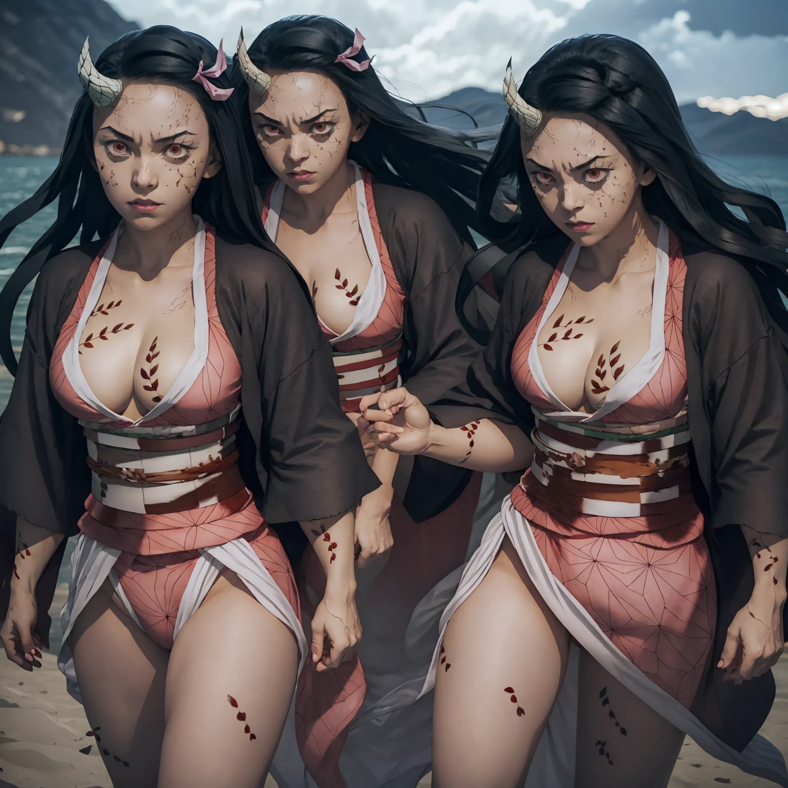(backlighting,navel:1.1,black hair),A beautiful woman wearing on the bustling streets of Gintama, surrounded by vendors, beautiful portrait of a stunning goddess girl, beautiful detailed face, porcelain skin, half body shot, centered,((moonlight,night,big neons,strong neon lighting,rim lighting,two tone lighting))),