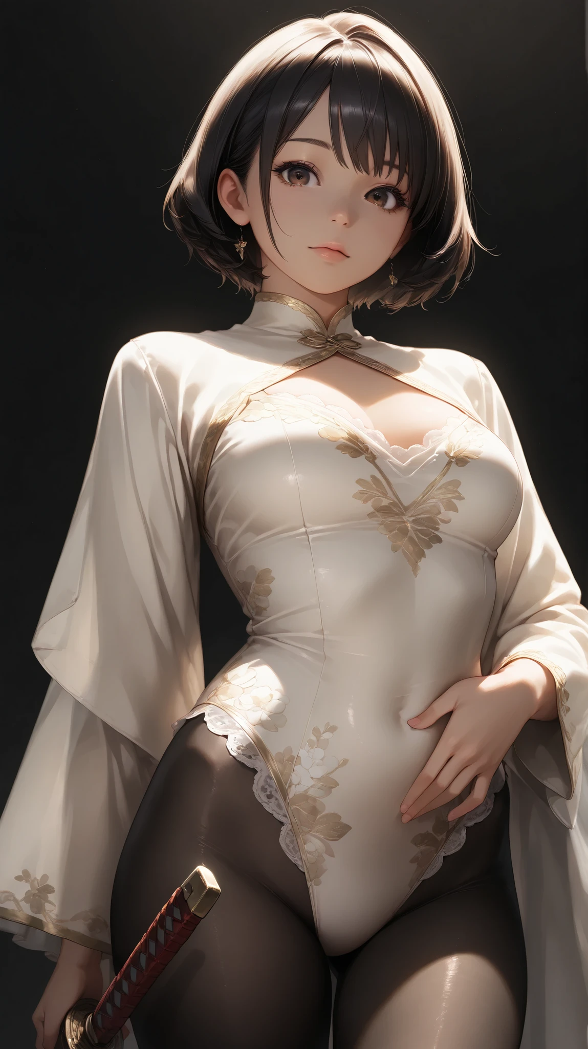 ((wallpaper 8k)), ((surreal)), ((Quality with attention to detail:1.2)), 1 girl, 14talent、kind eyes、plump lips、ash gray hair、An ennui look、(((small breasts、small breasts、areola:1.1、nipple)))、black classy dress,black capelet, look up, widespread poverty, short cut hair、short hair twin tails、ash gray hair:1.5、white skin、