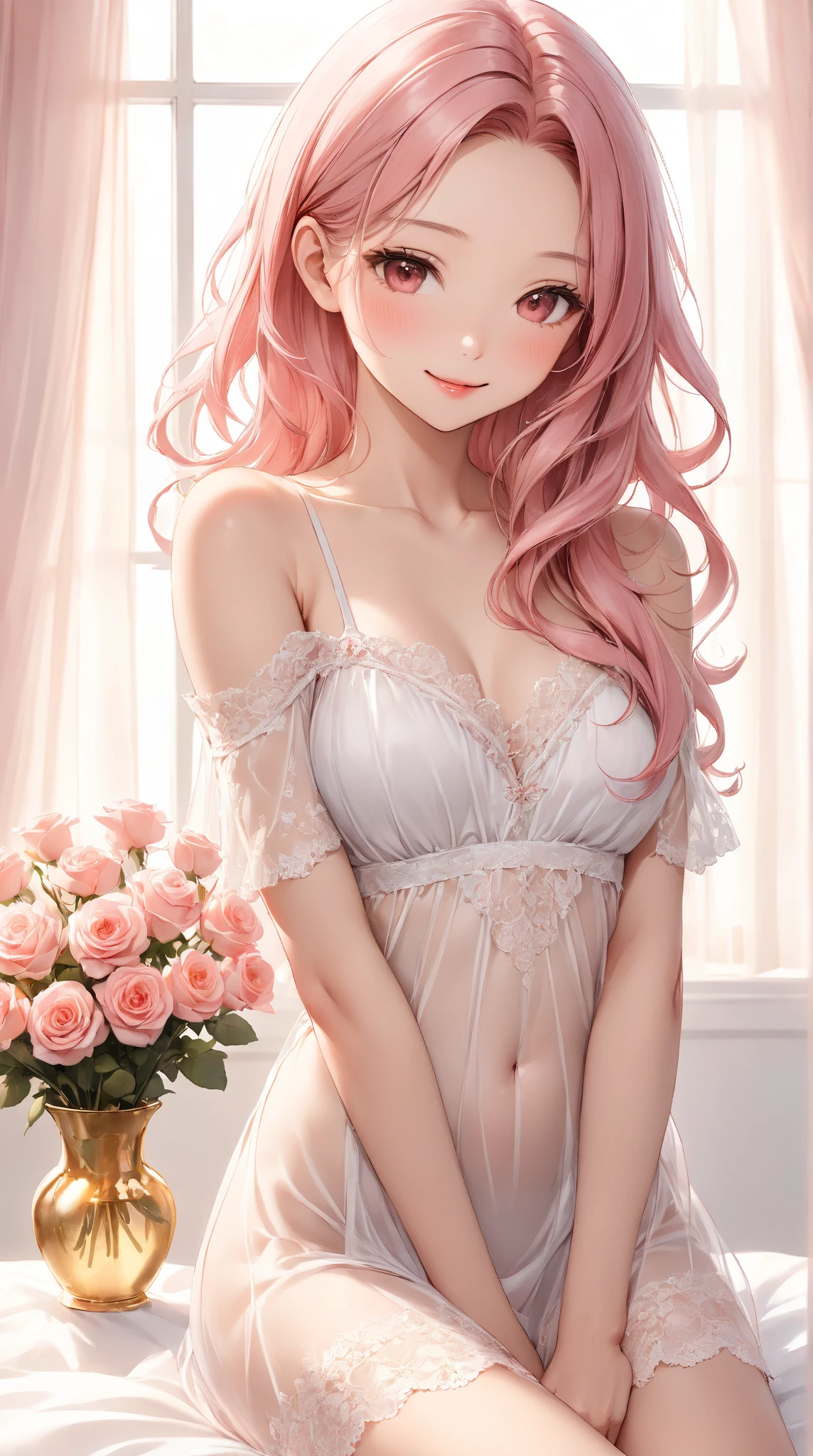 Very detailed CG Unity 8K wallpaper, Cute One lady, Mature hair、lady ,beautiful lady, pale skin (Super masterpiece, Beautiful person, well detailed face polluted smile, Photorealistic, hyper realisitic), 
(Pink gorgeous dress:1.7)、 smile、
Japanese background with light pink flowers and snow、Portrait、
(ref Eyes)、(flat chest:1.3)、(Glowing Skin:1.7)、Detailed eyes、Big eyes、Open your mouth、Hide your arm、
