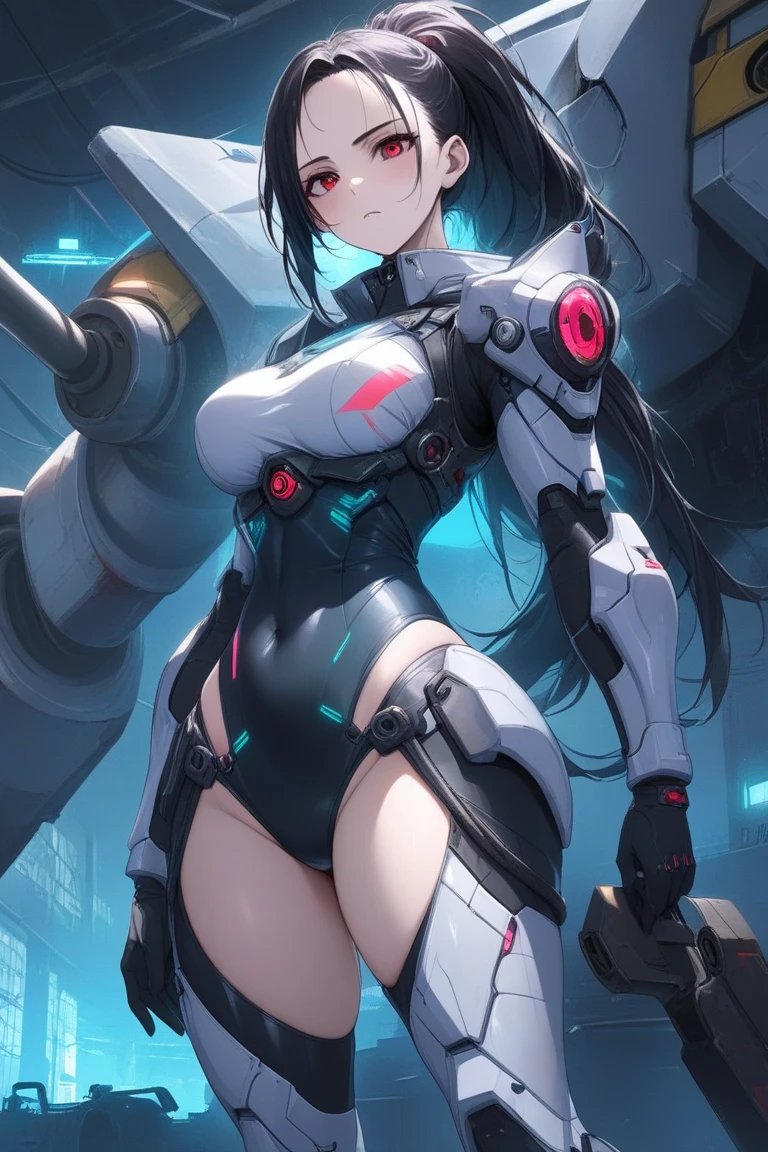 (((An aerial view of a futuristic megalopolis))), with skyscrapers reaching the clouds and flying cars driving through aerial highways. Building lights illuminate the night, creating a striking image of the city of the future. (((1girl, solo, alone))), medium-breast:1.1 slim body, cleavage, sexy clothes, (headphone, black sunglasses, long black realistic hair), (hip-up holding pistol pose), half-body thigh level medium shot, cinematic lighting, lens flare, ray tracing.