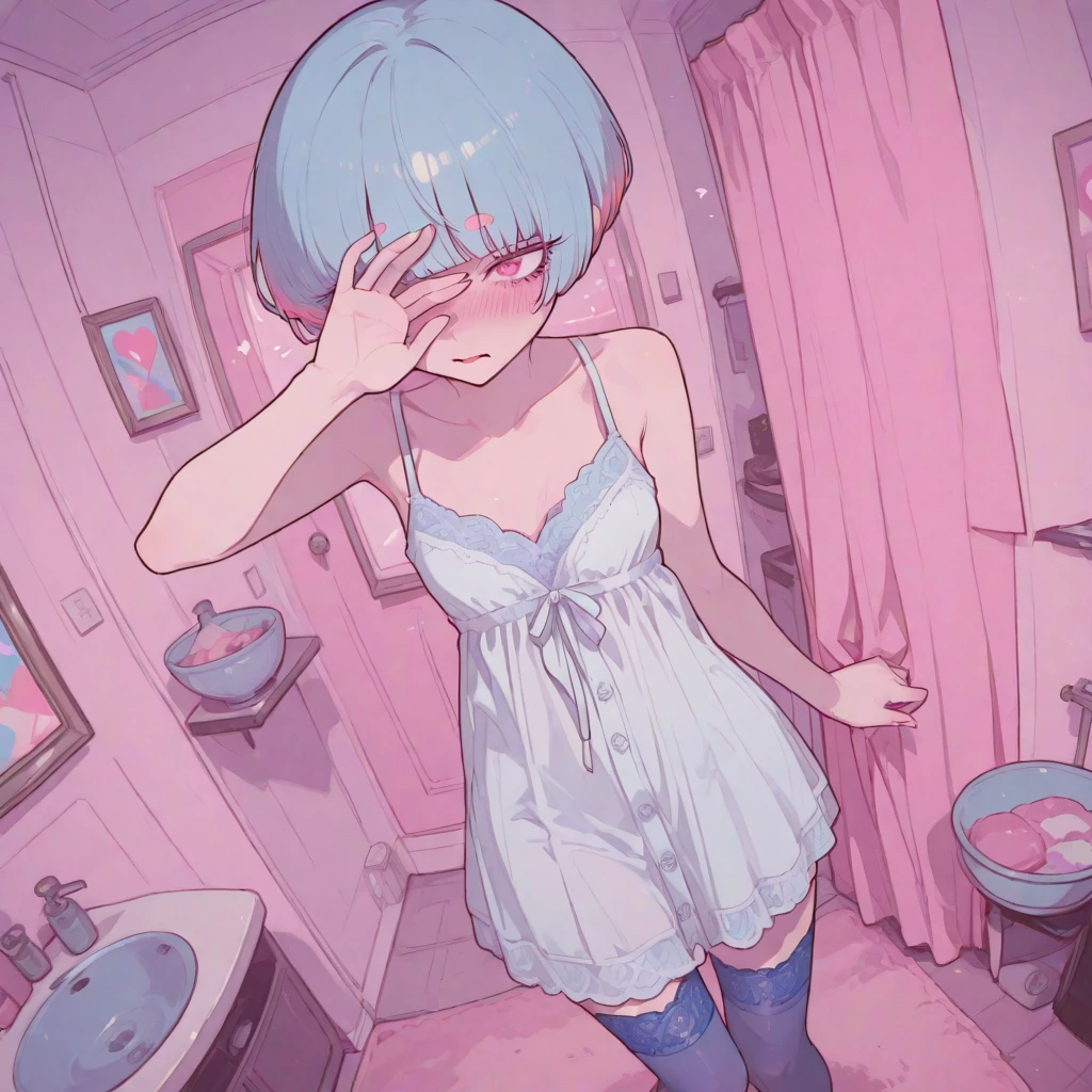 from behind shot, (from below:1.2), cute young girl, licking, all fours, pink and blue short hair, short cropped shirt, show naked breast, show naked pussy, show naked butt, turn back
