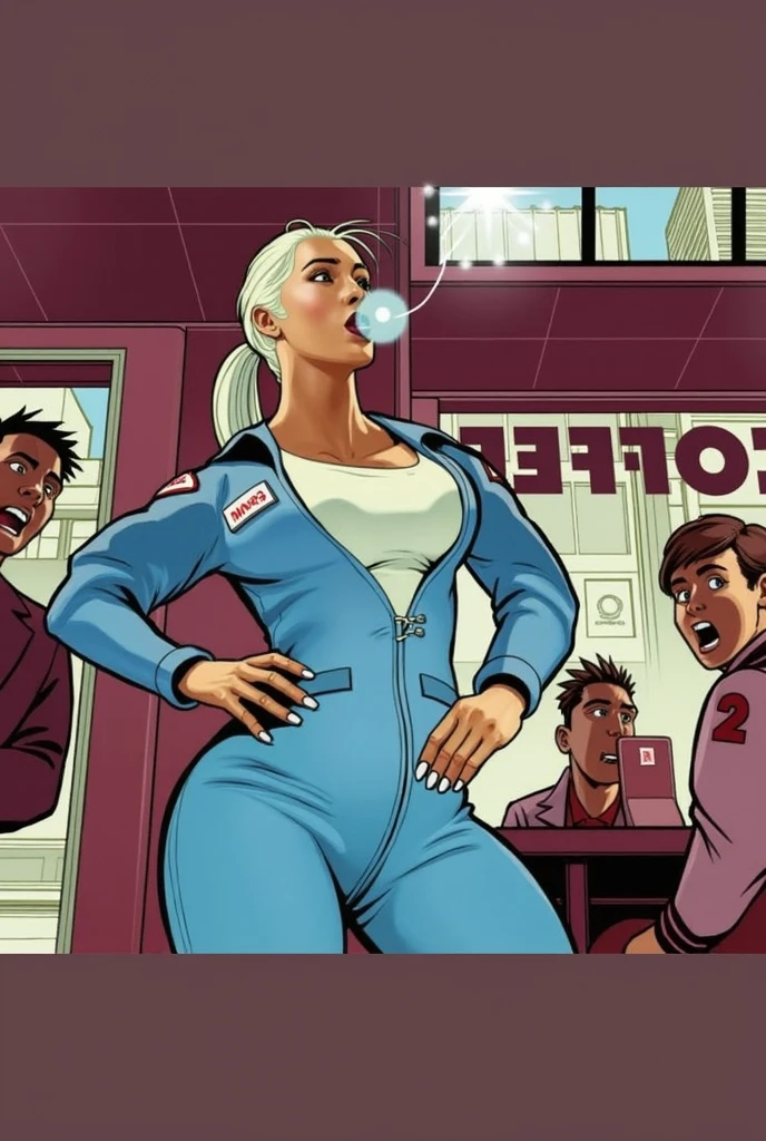 woman, fat, bald, green lipstick, wearing a white tshirt, denim pants, angry expressions, confronting, crowd, counter protest, city, daytime, comic book style, flat shaded, prominent comic book outline linework