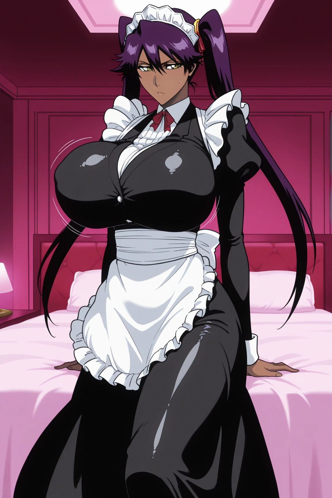 Damian Wayne(aka Robin/Son-of-Batman) transformed into a female bimbo with gigantic breasts with erect nipples and thick lips and is dressed as a French maid.