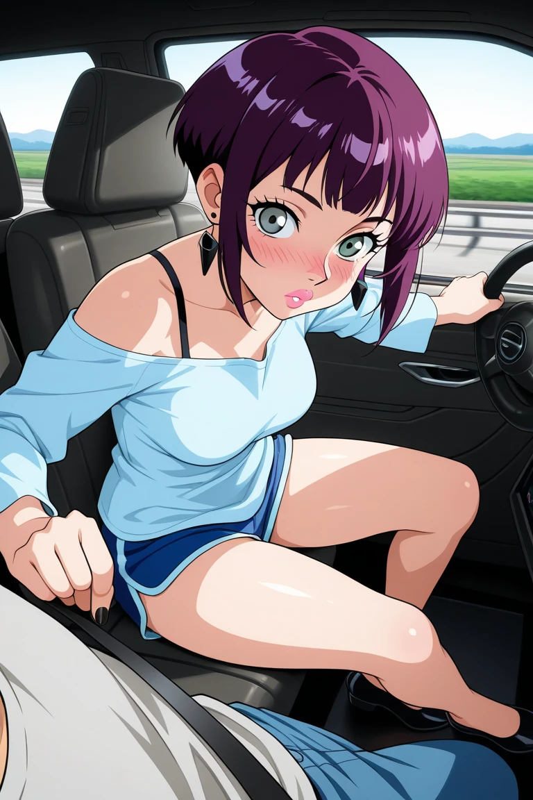 mature female, pubic hair, spread legs, black panties, sitting, in the car, smirk, hands on breasts, dress