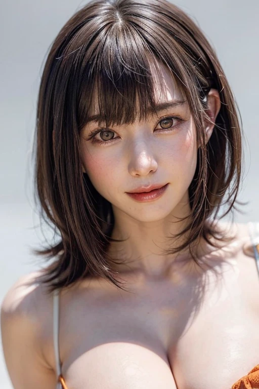 (software:1.8、masterpiece, Highest quality),1 person, alone, hyper Realistic, Realistic,Realistic, Looking at the audience, Light brown eyes:1.4,Brunette Short Bob Hair with highly detailed shiny hair, Brightly colored winter clothes, Lepangas:1.4), Outdoor, Mouth closed, Upper Body、big chest eye、eyelash、{Hugeな|big chest|Hugeなな|Mega} whole :2, chestの谷間:2、(((big chest eye、Short Bob Hair、Highlights from Students、Looking at the audience、She is very beautiful and cute、Show me your ears、Long neck、smile、Close your mouth and smile、Bangs and beautiful teeth)))、Ideal body type、（Nothing is drawn、A very beautiful pure white background:1.6）、美しいLong neck:1.4、(({Huge|big|Hugeな|Mega} chest, chestの谷間:2、Upper Bodyは服を着ていない:1.6))、(((Portraiture:2)))、Perfect Anatomy