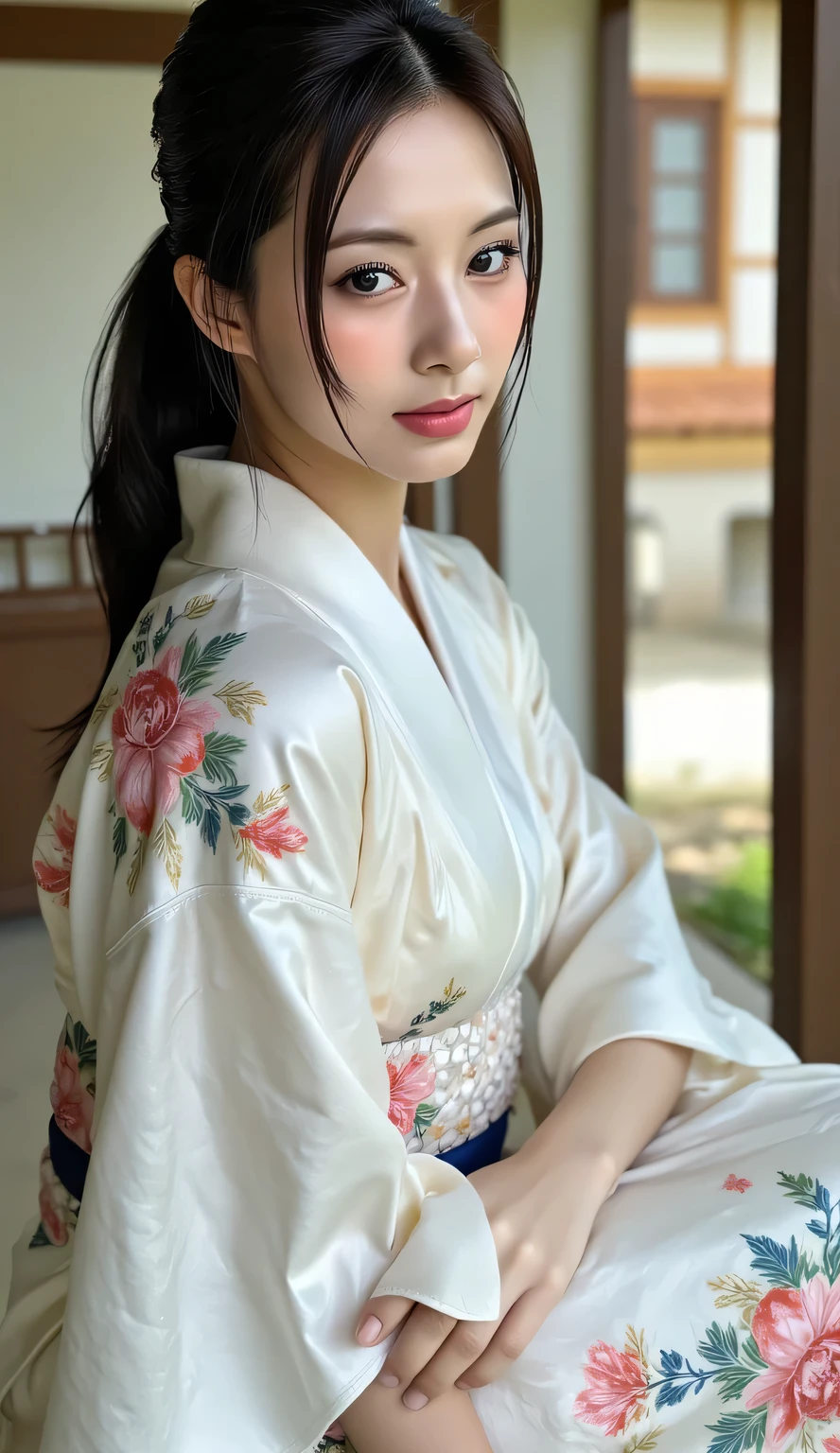 a beautiful woman, sitting strapping on the porch of a japanese model house, Japanese model house garden background, body looking camera, Using white floral print satin material kimono, payudara besar, bibir merah, kulit basah, kimono basah