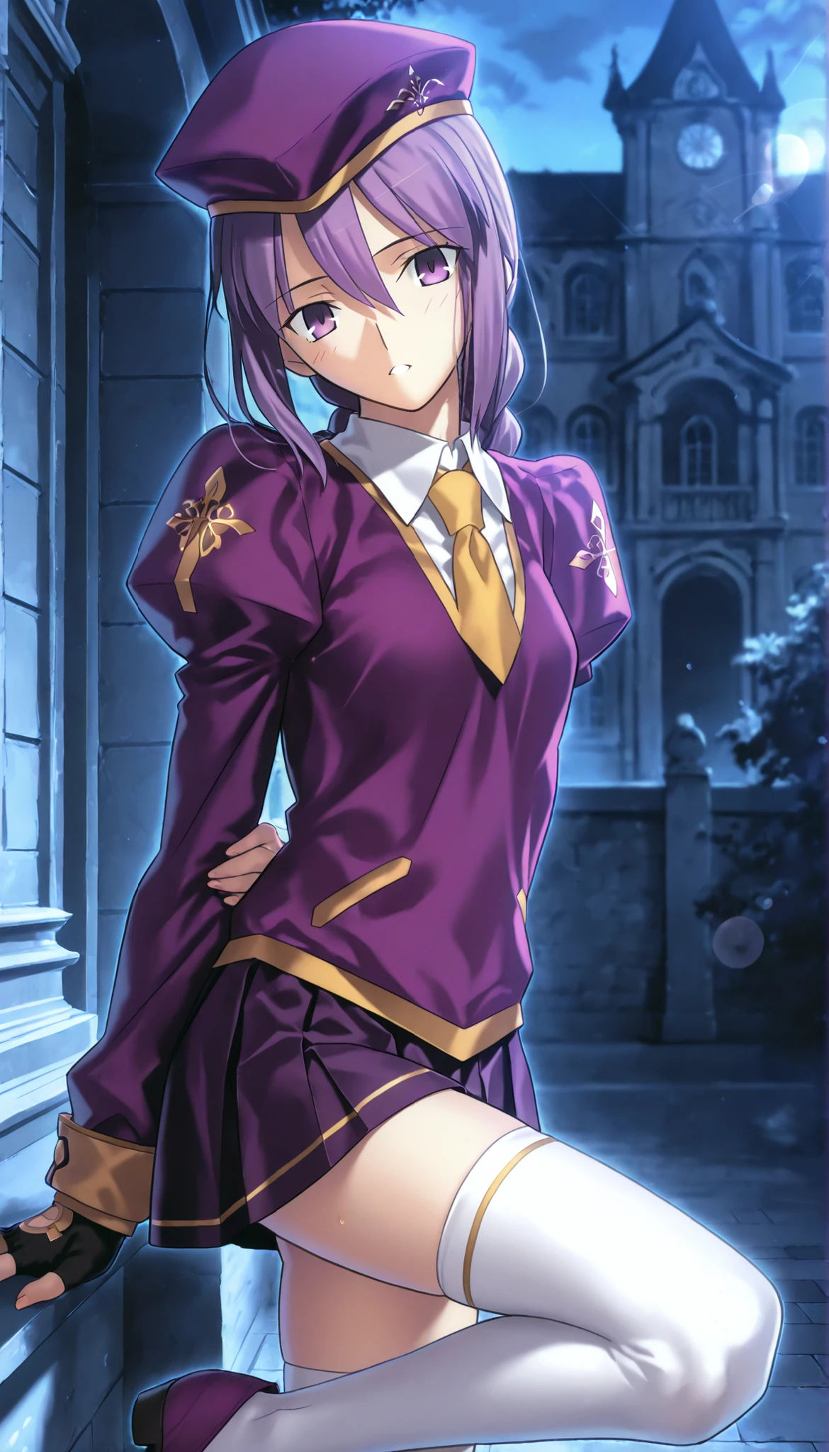 masterpiece, , absurdres, highres, detailed background, high resolution, masterpiece, necessary, detail, best quality, quality, necessary, details, High details, Precise, dark, outdoors, (mansion), lens flare, blurry background, from side ,
1girl, Takeuchi Takashi (type-moon,tsukihime) style, takeuchi takashi style, (aged up), (standing on one leg), leaning forward,
girl, (slender body, slim arms, slim bod), (Sion) Eltnum (Atlasia) ,sion eltnam atlasia,(fate), purple hair , purple eyes, half-closed eyes, tsurime, hair between eyes ,long bang, medium hair , braided hair , braided ponytail , yellow ribbon , EltnumOutfit ,small breasts, light purple sweater ,Juliet sleeve sweater , collared undershirt , white undershirt , undershirt , yellow necktie ,(short sleeve), , dark purple skirt , miniskirt , gold trim , white thighhighs , single glove , fingerless glove , black glove , dark purple beret , ,((head tilt)), looking at viewer,(small breasts),