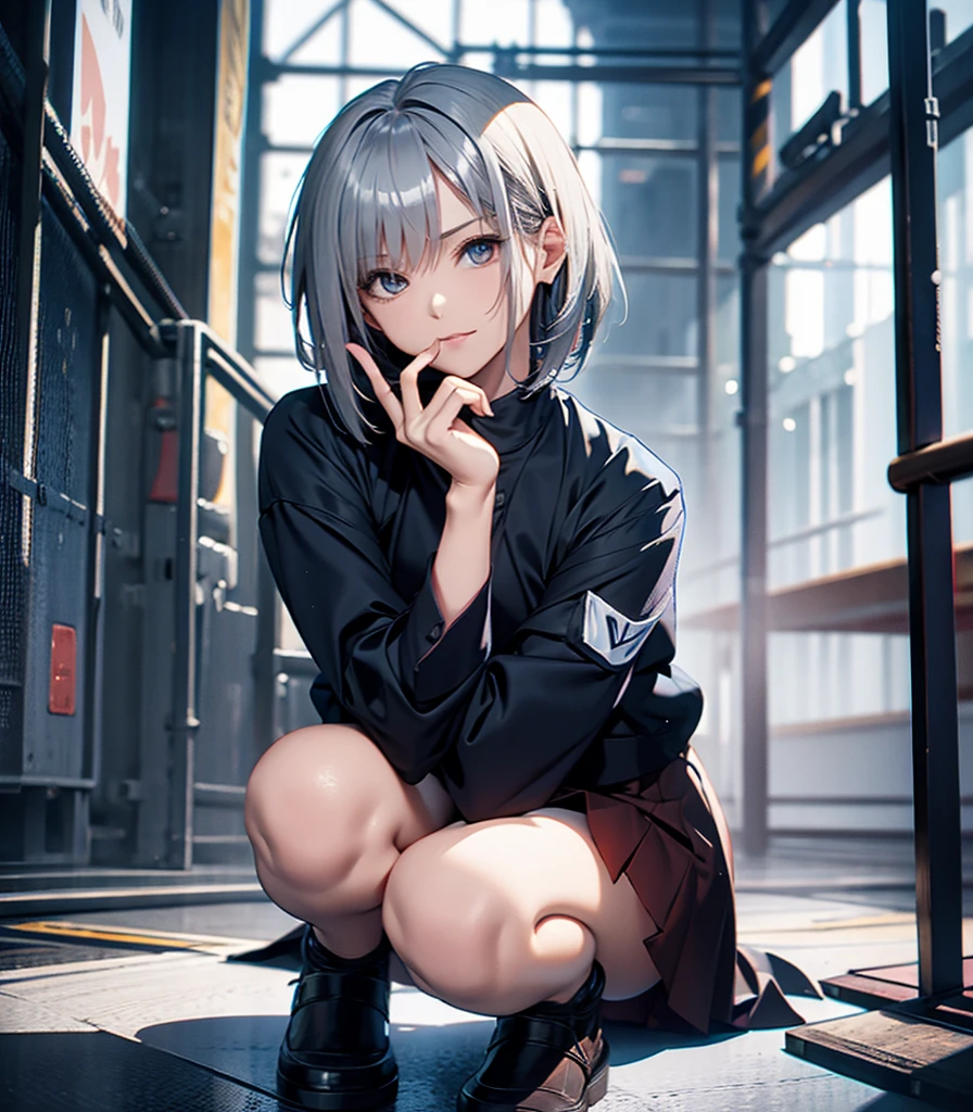 High resolution, Highest quality, super high quality, Ultra-detailed, Woman smoking a cigarette Bob cut、White Hair、Blue eyes、Crouching、Riders jacket、Black Mini Skirt、Beautiful Skin、Beautiful Face、Beautiful Eyes
