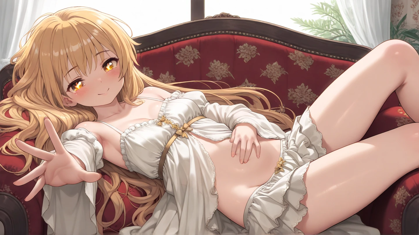 (1woman,(Thin type:1.2),petite,full body,beautiful breasts,gigantic breasts,pale skin,pointy breasts,),(long embroidered lace dress),((realistic:2,high resolution,best quality,masterpiece)),((extra long hair:1.5),blunt bangs,(extra light coppery red hair),Curl outward,hair over one eye),(nsfw,(female masturbation),lean back greatly,spread legs,Pissing,leg lift),hotel room