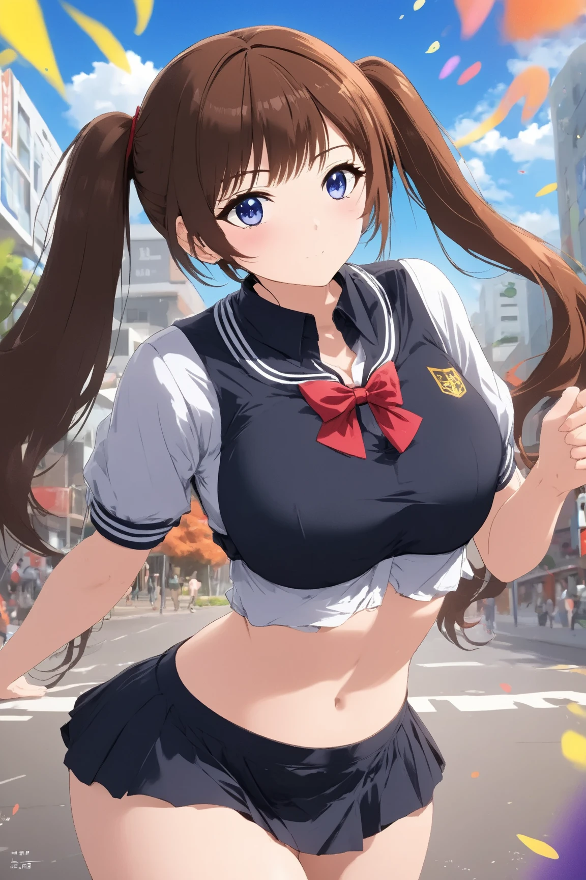 (( 1girl in)), NSFW、blush,(well-muscled)、Brown skin、Golden hair、the eyes are orange、(((large full breasts)))、((big butts))、(((thick thighs)))、Sweat、:D、Long hair、((Unkempt hair))、School uniform、Red mini skirt、Blue skajans、(Light blue striped panties)、In the street、((Panchira))、Running