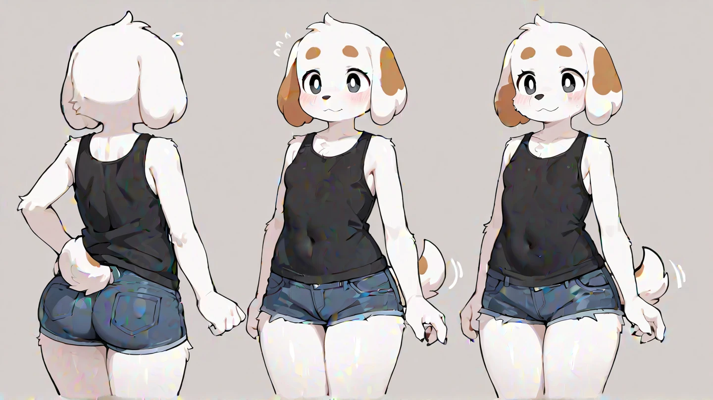 masterpiece, best quality, simple background, loli, squirrel ears, white sports bra, black shorts, short hair, brown hair, flat chested, multiple views, reference sheet, sitting, kneeling, standing,