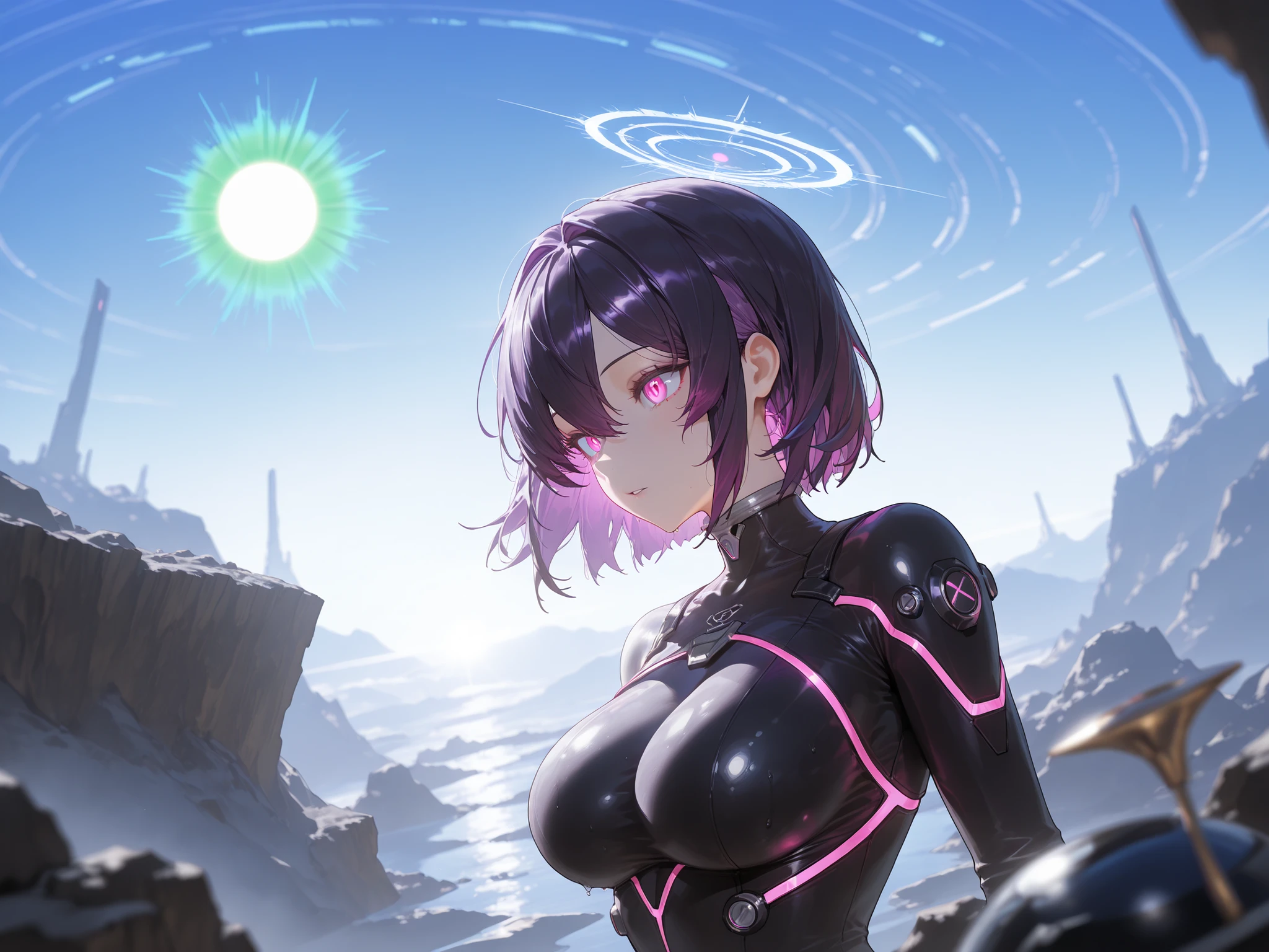 masterpiece,best quality,amazing quality,ultra-detailed,very aesthetic,sharp focus,depth of field,vibrant colors,ray tracing,best lighting,detailed illustration,detailed background,cinematic,(EyesHD:1.2),beautiful eyes,solo_female,long dark purple hair,multi-layered styled hair,glowing pink eyes,wearing an advanced ai bodysuit,alien planet background,exploring an alien planet,outside,day,green sun,